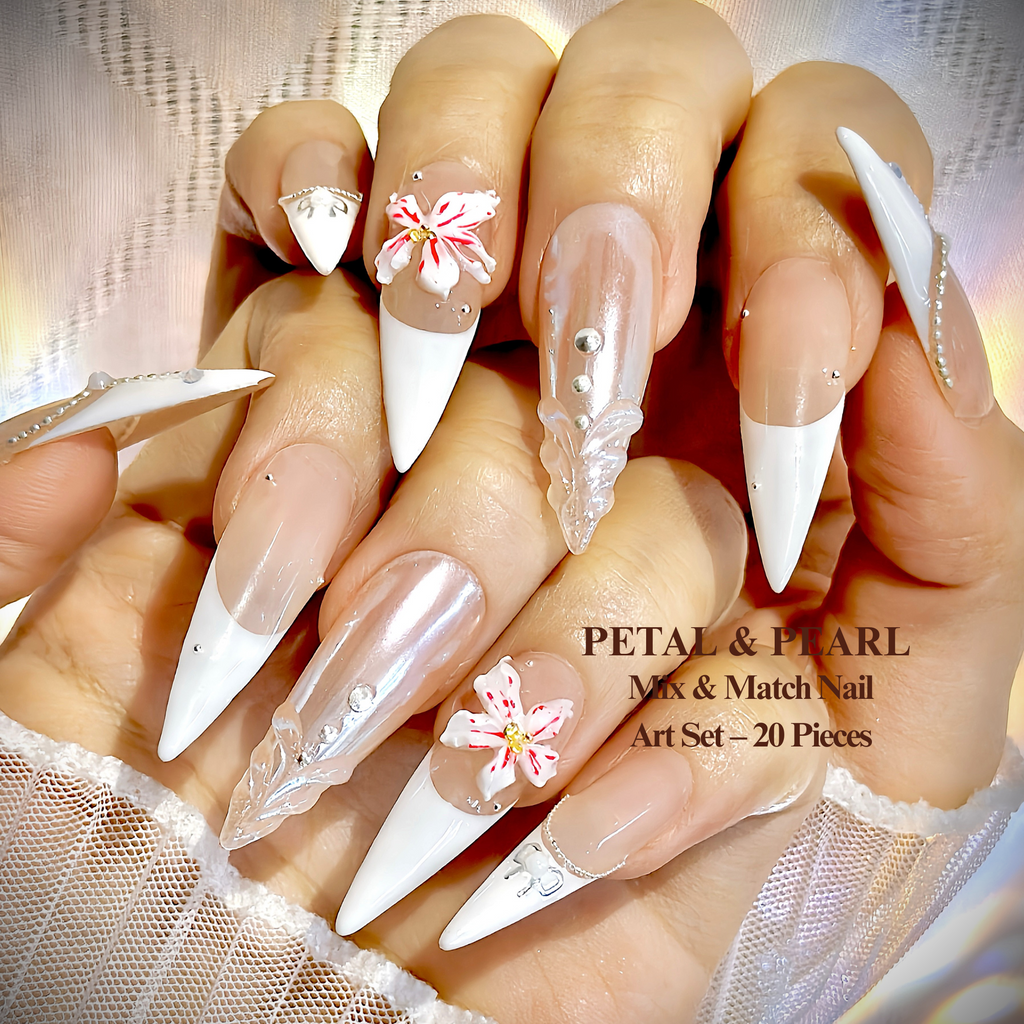 Long Stiletto Hand-Painted Press-On Nails | Luxury 3D Floral Pearl with Rhinestone French Tips | Reusable 20pcs Kit