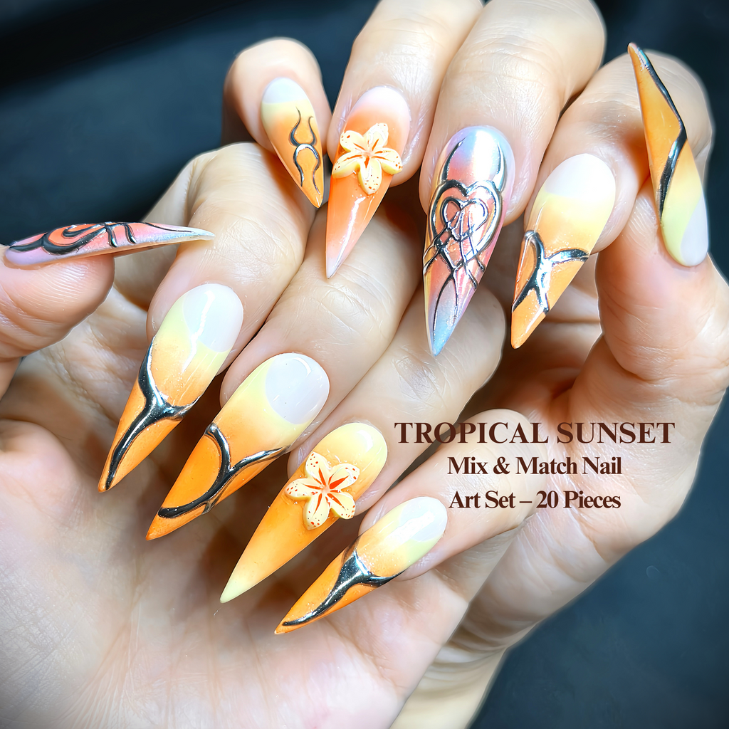 Long Stiletto Hand-Painted Press-On Nails | Luxury Tropical Sunset Ombre with 3D Floral Design | Reusable 20pcs Kit