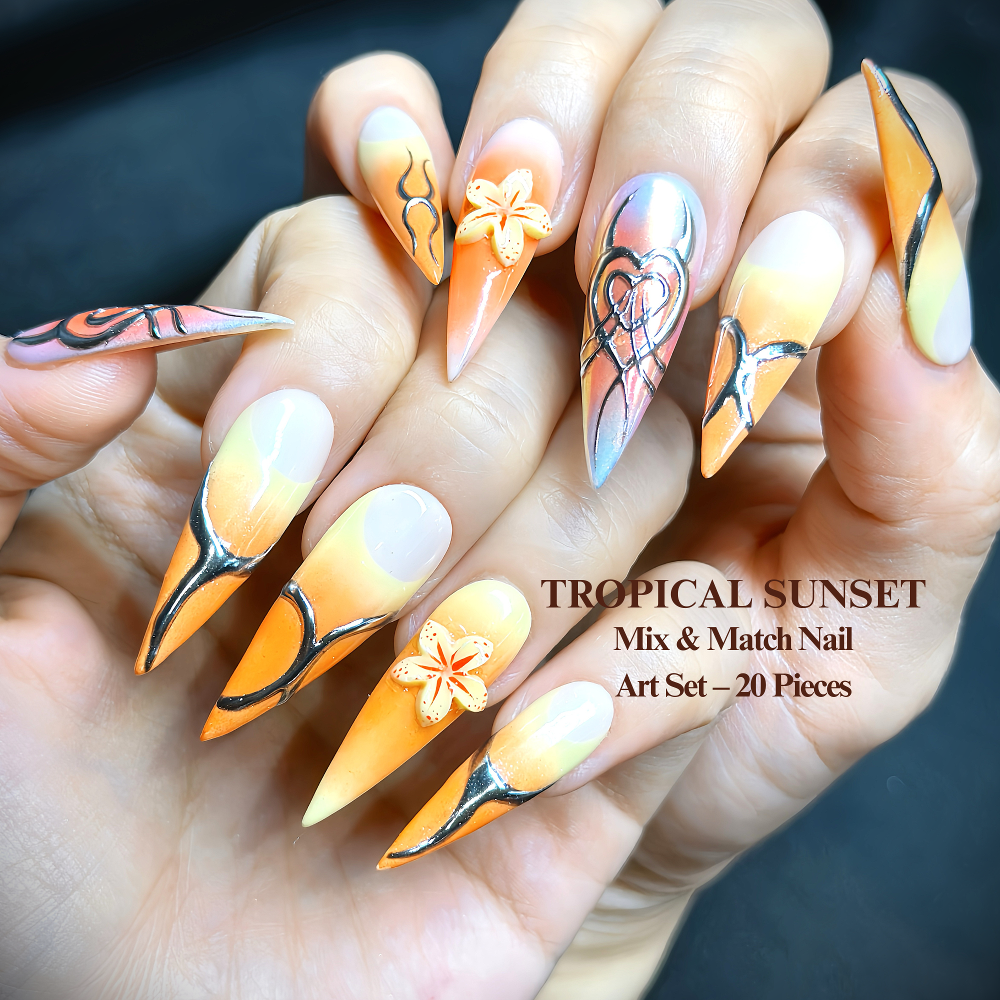 Long Stiletto Hand-Painted Press-On Nails | Luxury Tropical Sunset Ombre with 3D Floral Design | Reusable 20pcs Kit