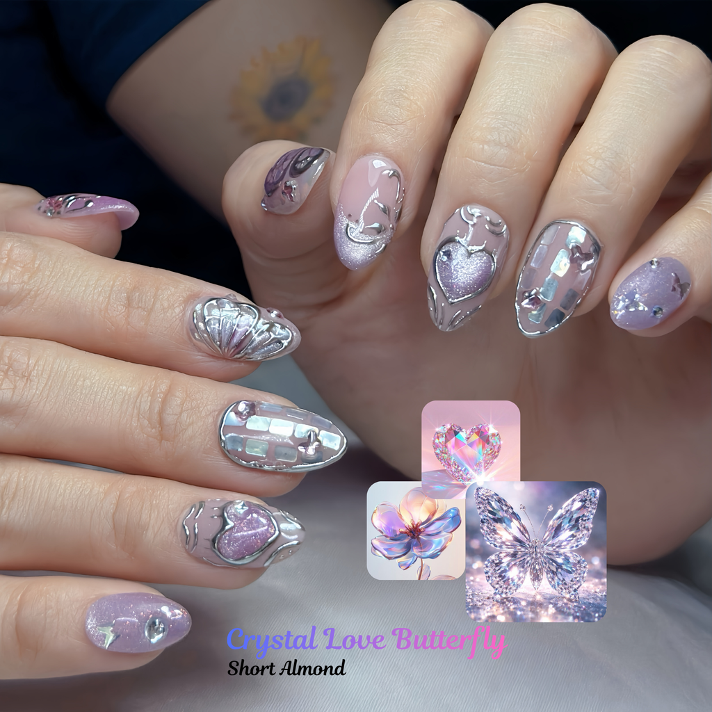 Crystal Love Butterfly Press-On Nails – Short Almond Chrome Pink Set, 3D Butterfly & Heart Design, Glitter Rhinestone Y2K Aesthetic Nails | Hand-Painted, Reusable 20pcs Kit