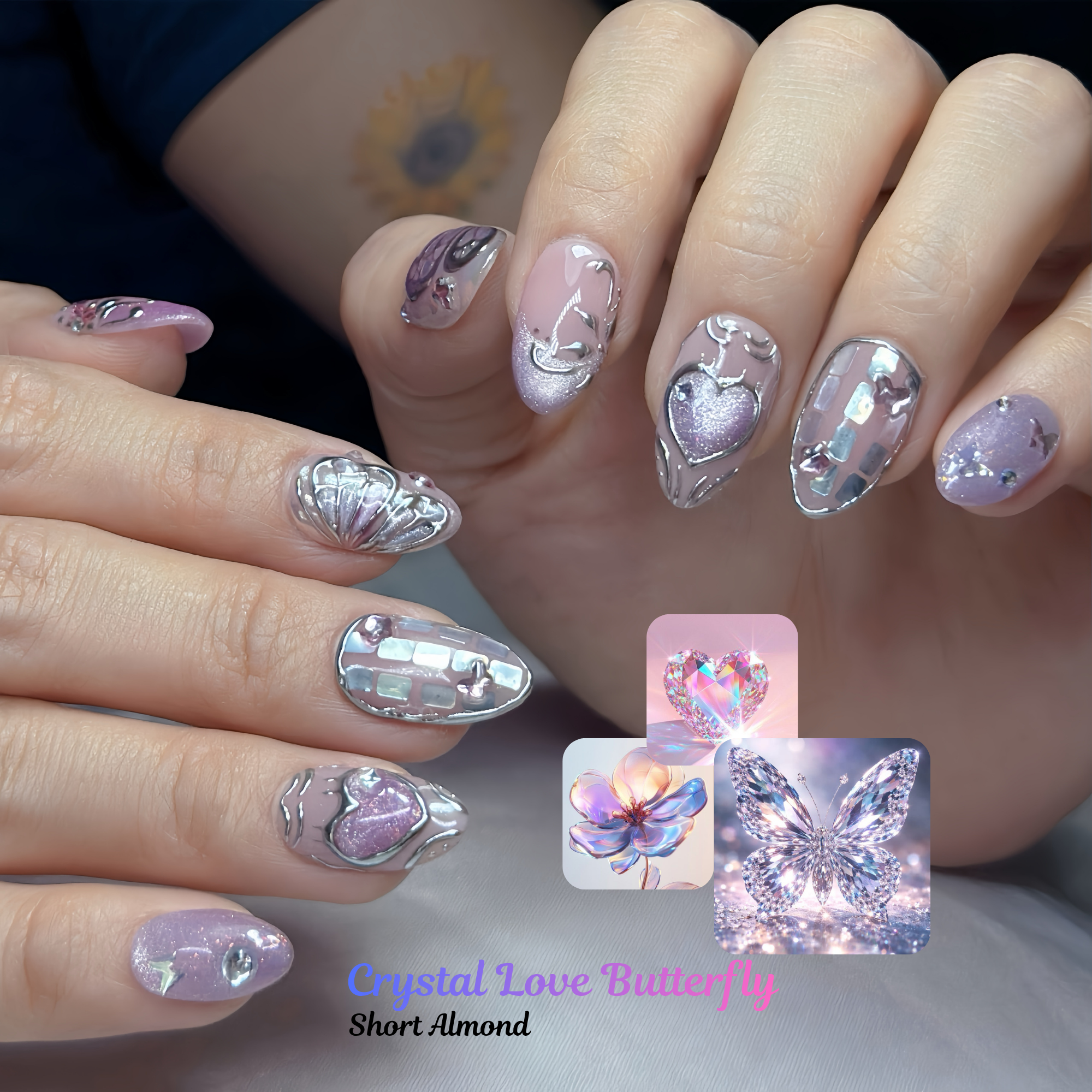 Crystal Love Butterfly Press-On Nails – Short Almond Chrome Pink Set, 3D Butterfly & Heart Design, Glitter Rhinestone Y2K Aesthetic Nails | Hand-Painted, Reusable 20pcs Kit