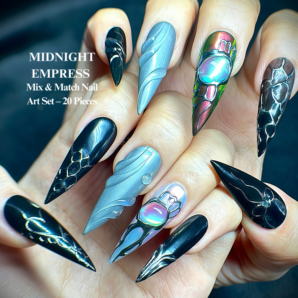 Black Stiletto Hand-Painted Press-On Nails | Y2K Silver Chrome with 3D Gemstone Nail Art | Reusable 20pcs Kit