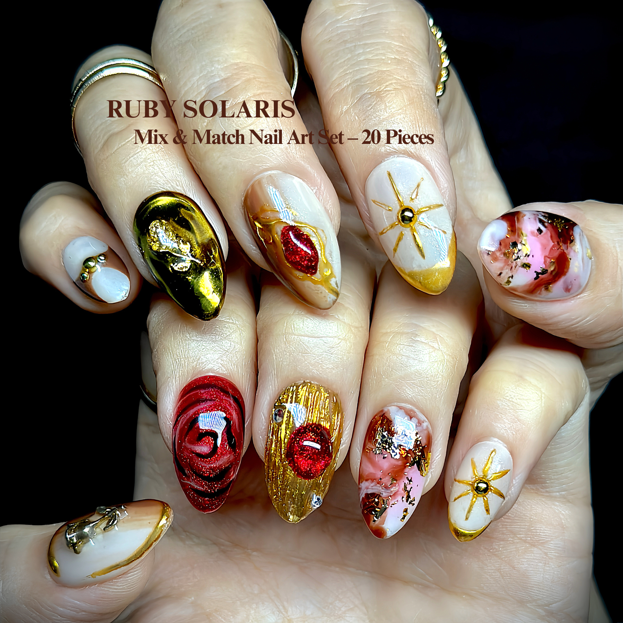 Short Almond Hand-Painted Press-On Nails | Ruby Red with Gold Chrome 3D Nail Art | Reusable 20pcs Kit