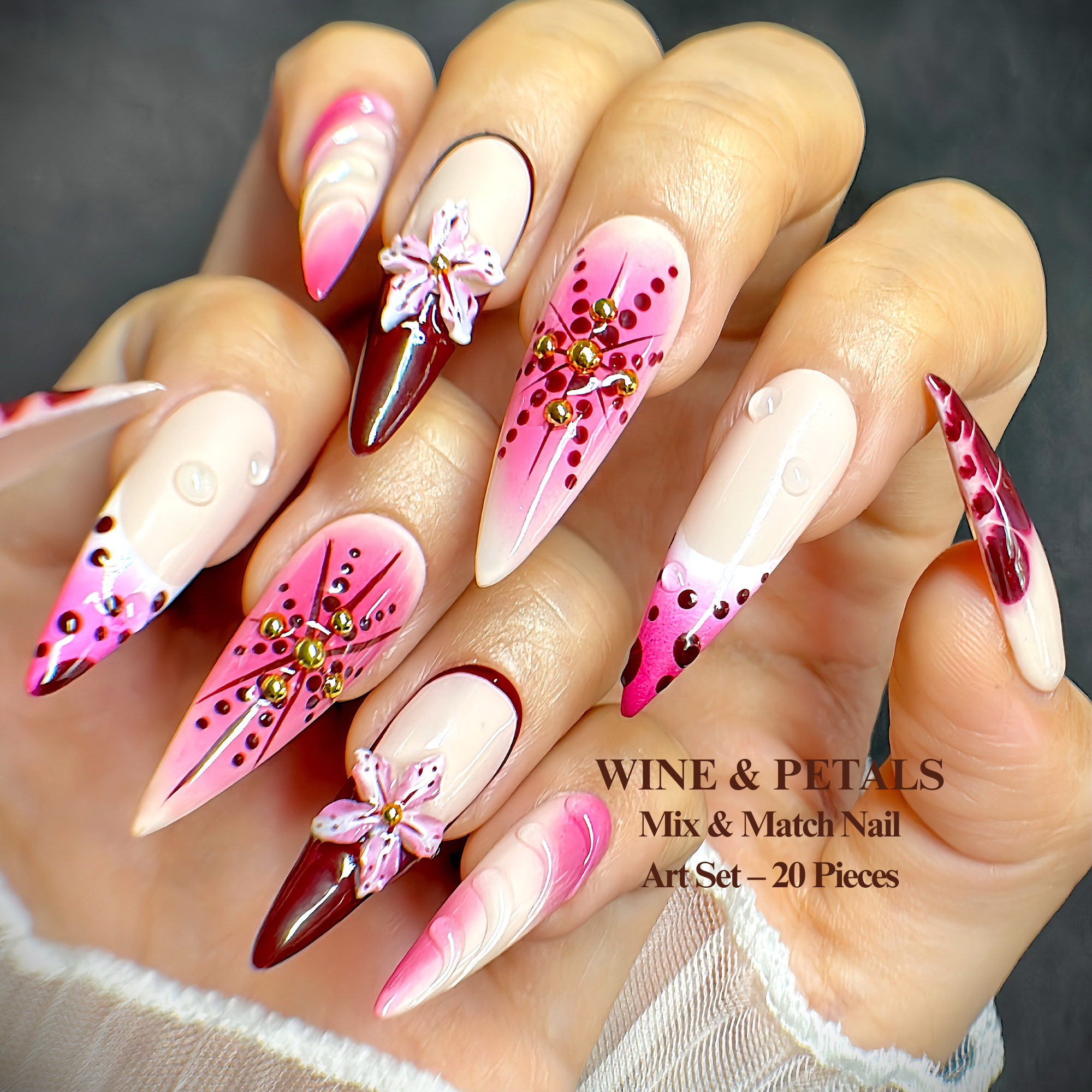 Long Stiletto Hand-Painted Press-On Nails | Luxury Wine Red Ombre with 3D Floral Design | Reusable 20pcs Kit