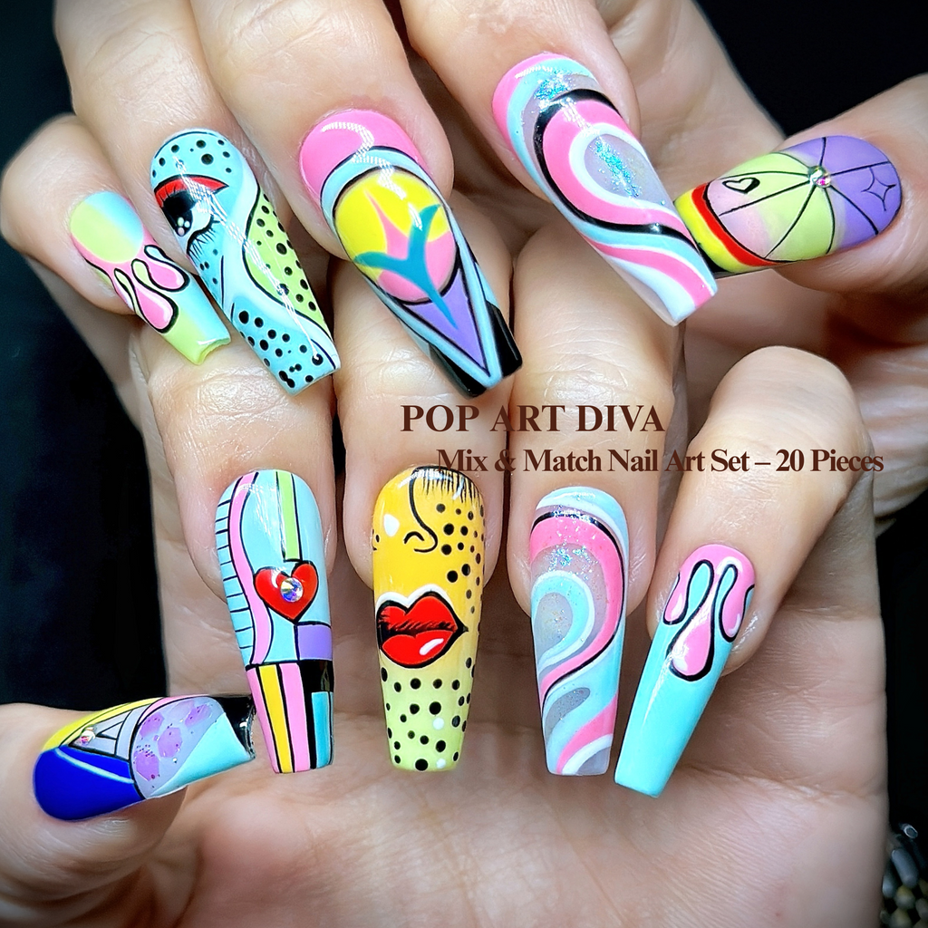 Long Coffin Hand-Painted Press-On Nails | Luxury Pastel Pop-Art Design | Reusable 20pcs Kit