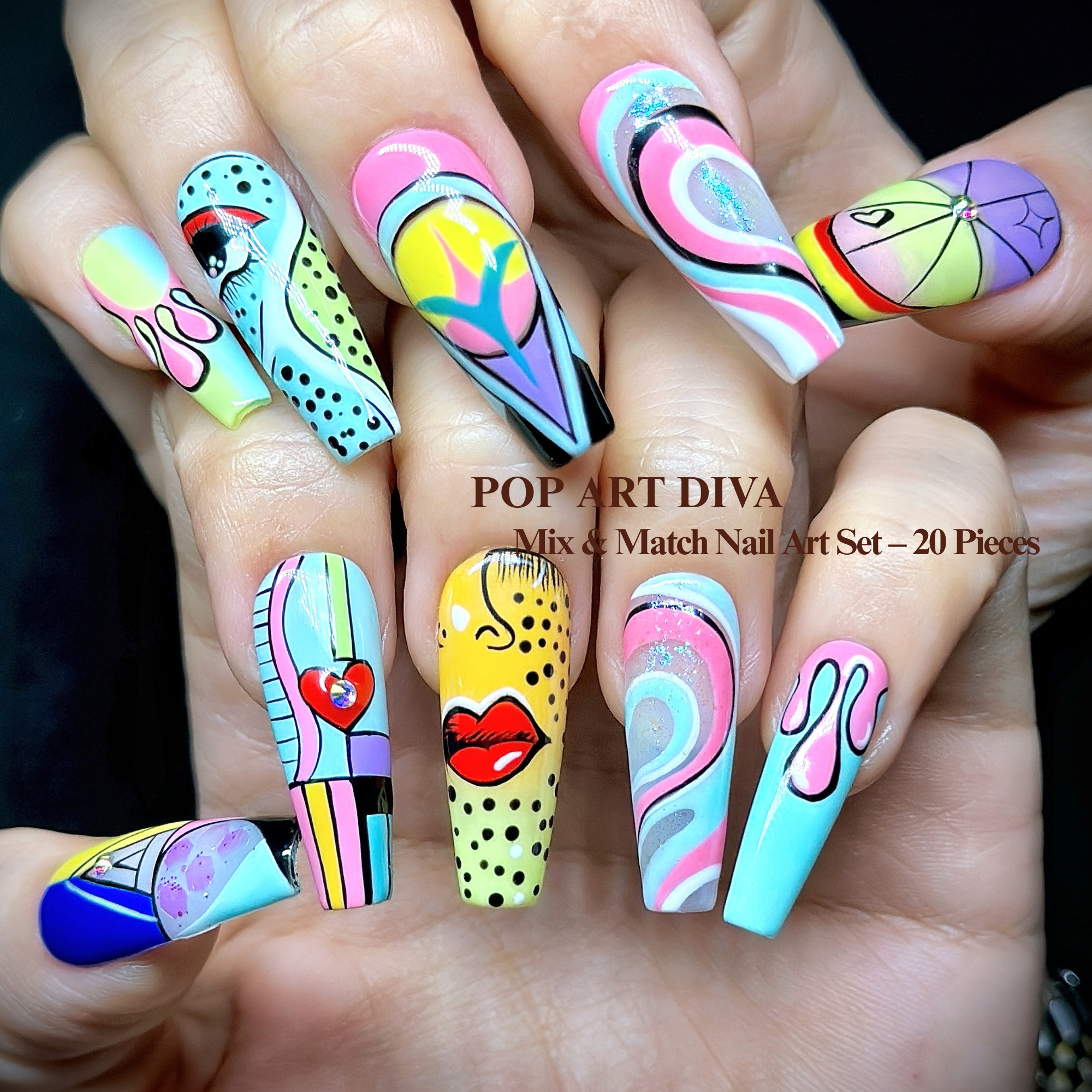 Long Coffin Hand-Painted Press-On Nails | Luxury Pastel Pop-Art Design | Reusable 20pcs Kit
