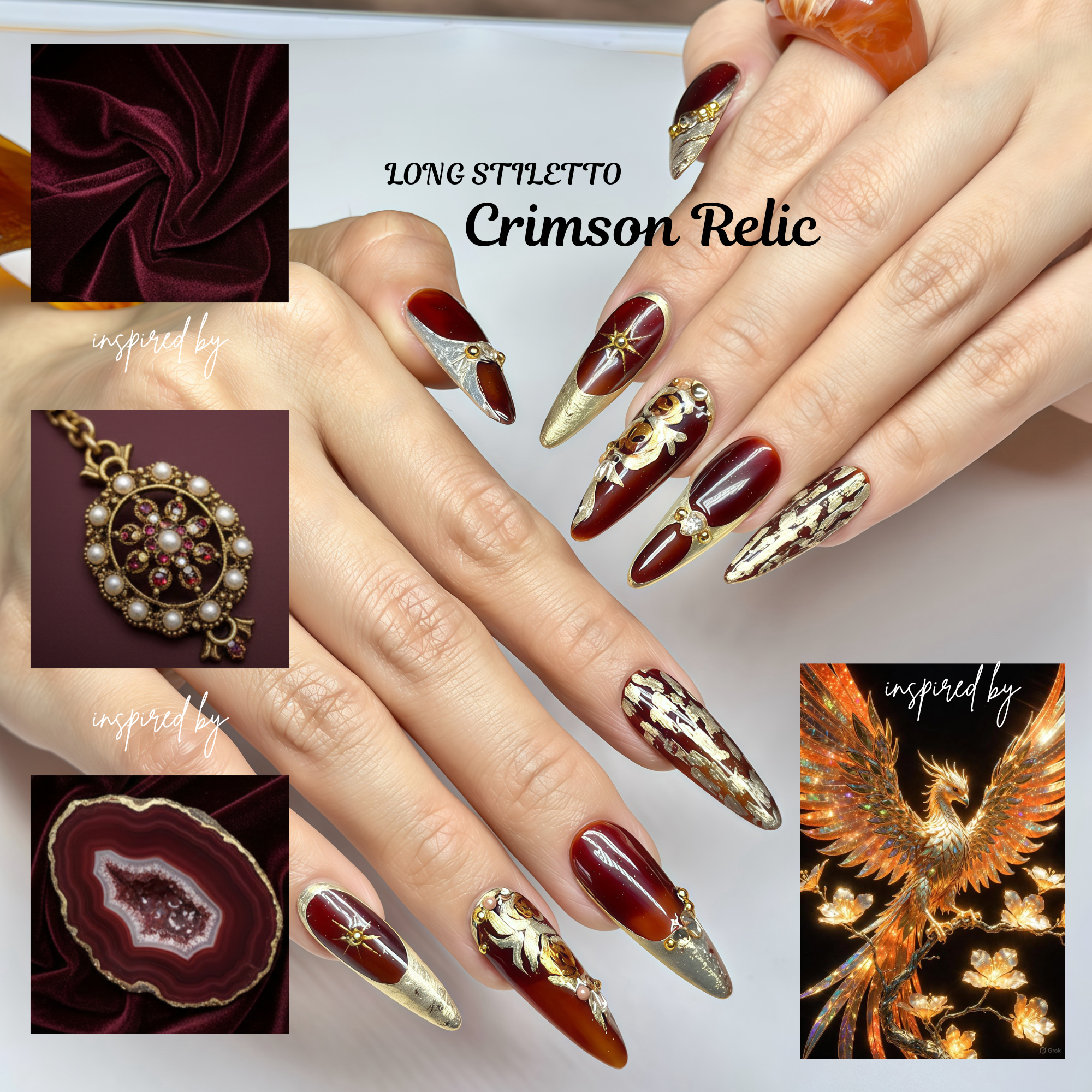 Long Stiletto Press On Nails – Burgundy Gold Luxury Nail Art, Handmade 3D Crystal Royal Nails, Reusable Statement Nails | Reusable 20pcs Kit