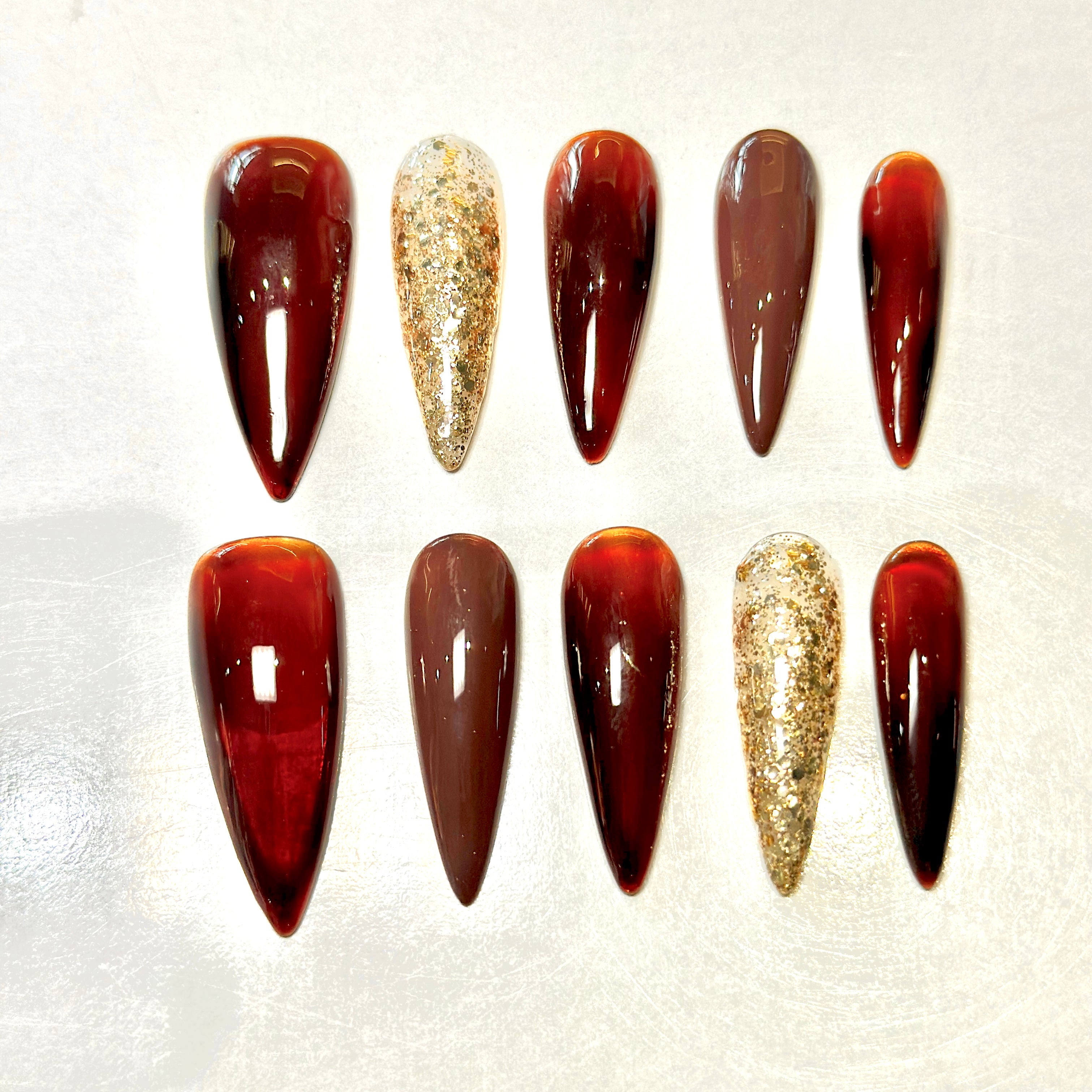 Long Stiletto Press On Nails – Burgundy Gold Luxury Nail Art, Handmade 3D Crystal Royal Nails, Reusable Statement Nails | Reusable 20pcs Kit
