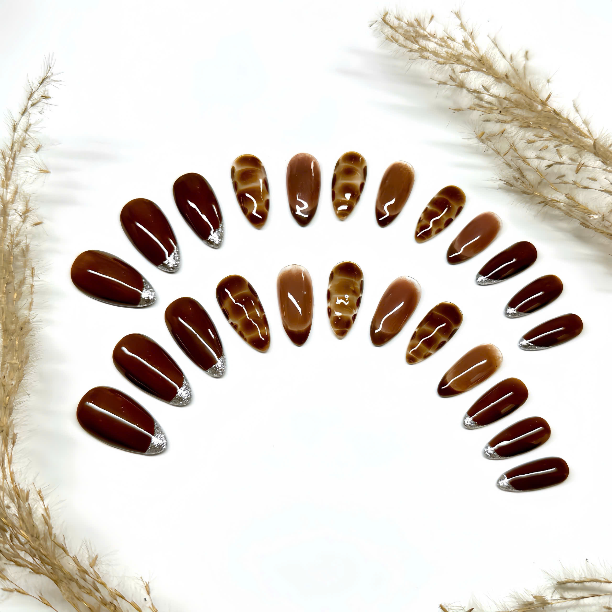 Press-On Gel Nails Brown Medium Almond – Hand-Painted Silver Glitter Tips, 30-Piece Reusable Set