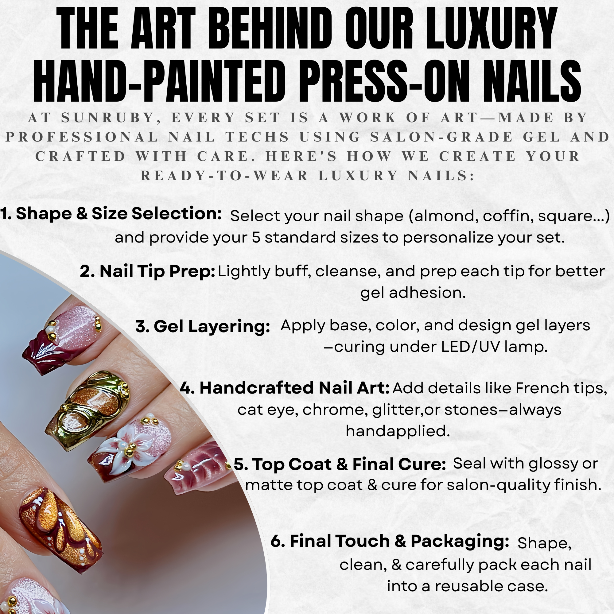 Medium Coffin Press On Nails – Burgundy Gold Floral 3D Nail Art, Luxury Handmade Nails | Chrome | Flower & Glam nails | Reusable 20pcs Kit
