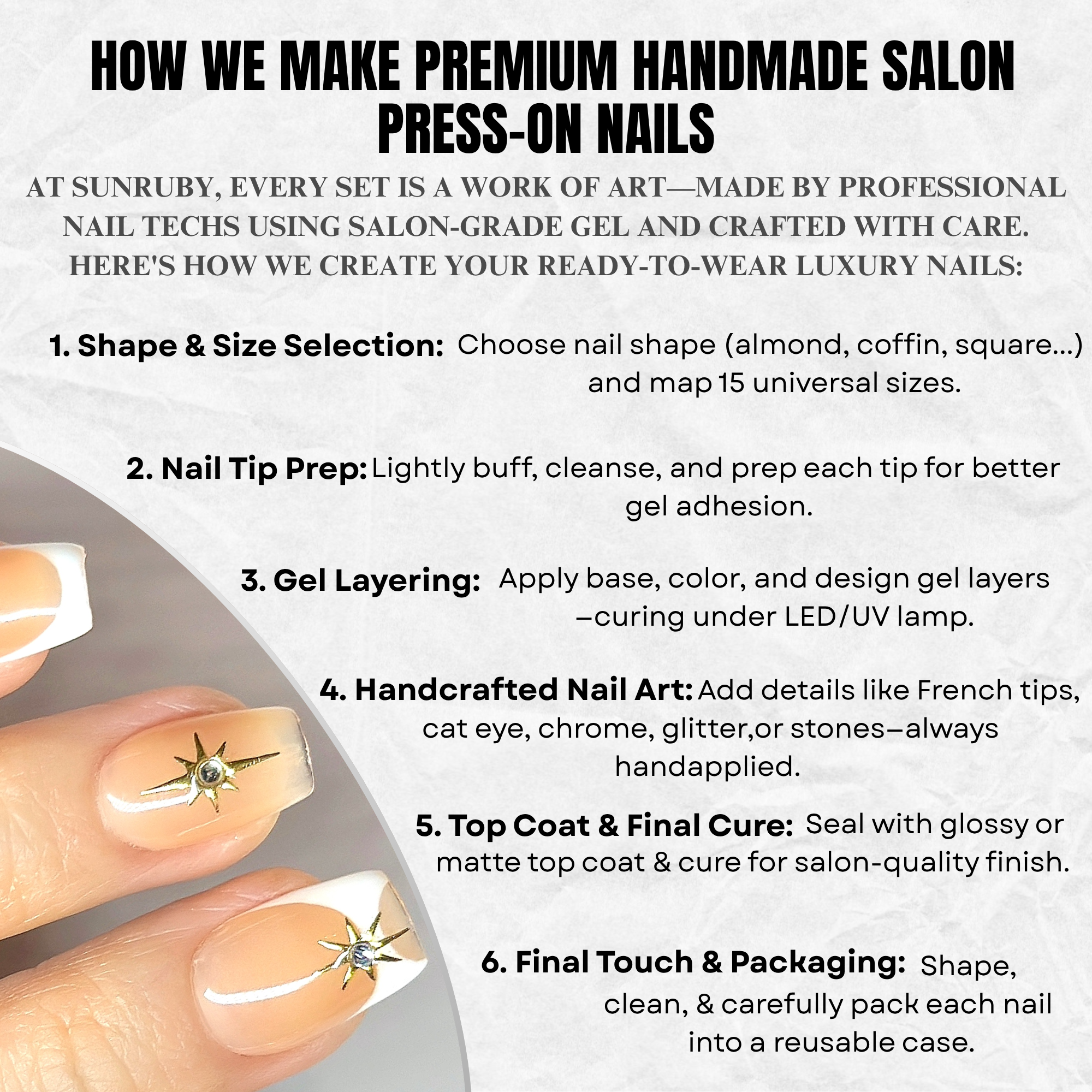 Short Square French Tip Press-On Nails | Rhinestone Shooting Star Accents | Hand-Painted | Reusable 30pcs Kit, 15 Sizes