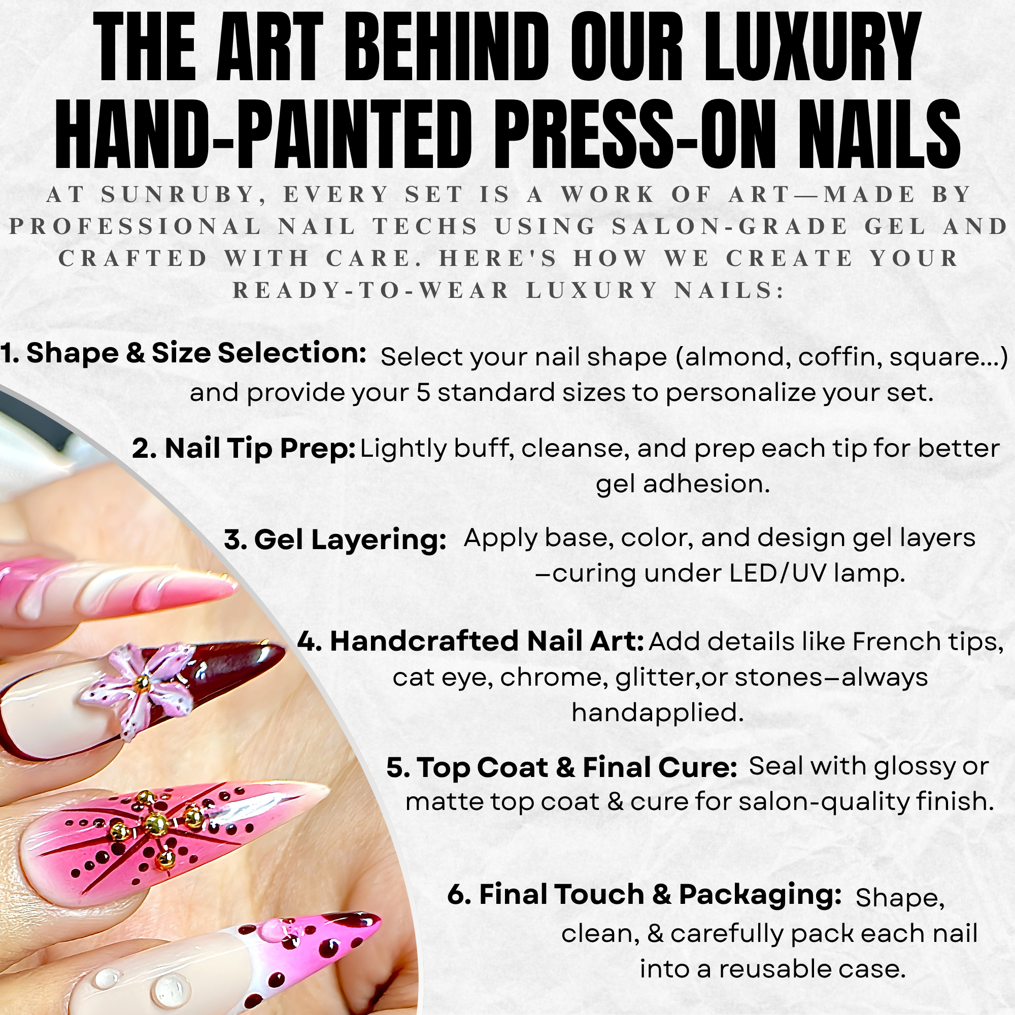 Long Stiletto Hand-Painted Press-On Nails | Luxury Wine Red Ombre with 3D Floral Design | Reusable 20pcs Kit