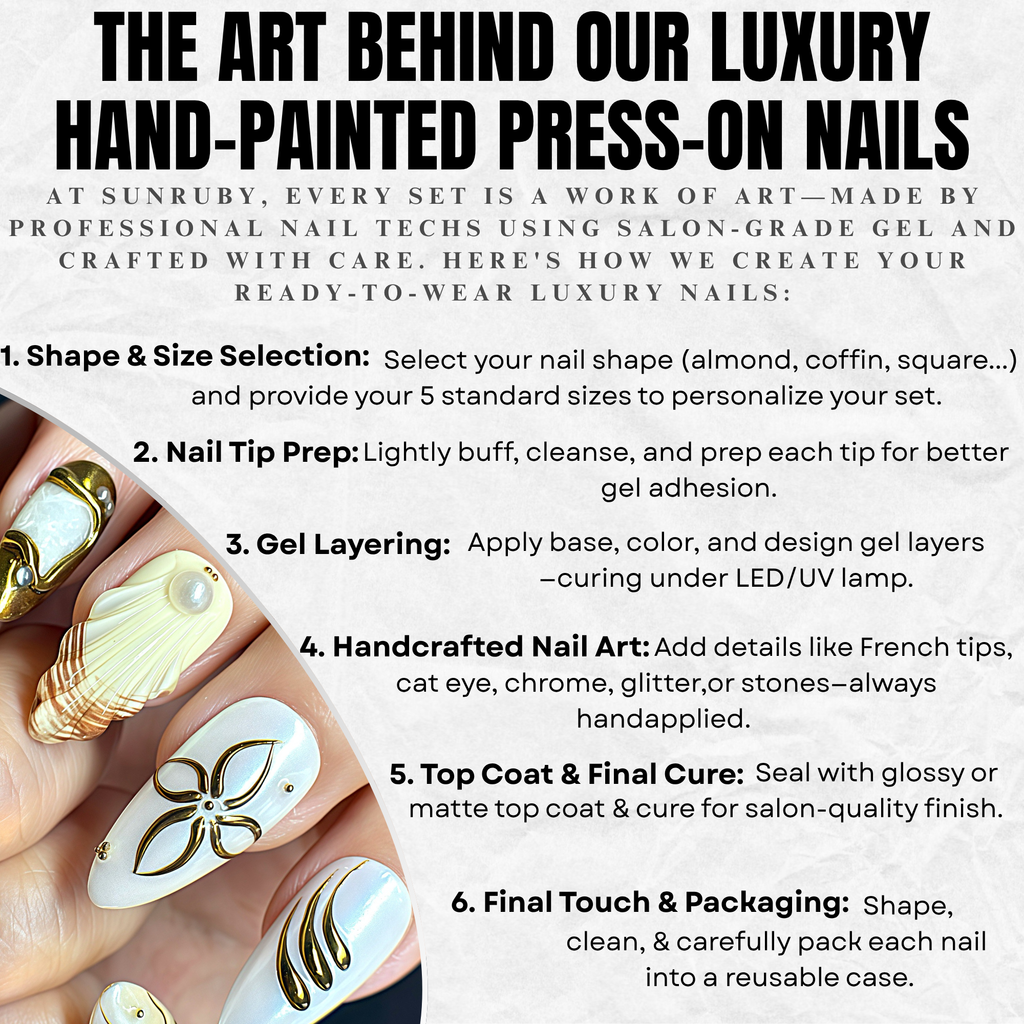 Hand-Painted Luxury GOLDEN REEF-Ocean Vibes Press On Nails | 3D Seashell | Medium Almond  | Reusable 20pcs Kit