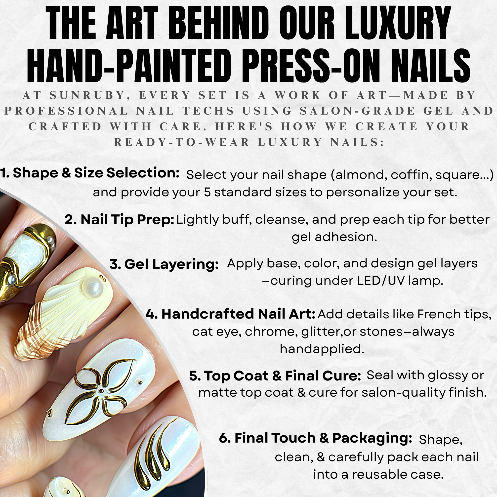 Hand-Painted Luxury GOLDEN REEF-Ocean Vibes Press On Nails | 3D Seashell | Medium Almond  | Reusable 20pcs Kit