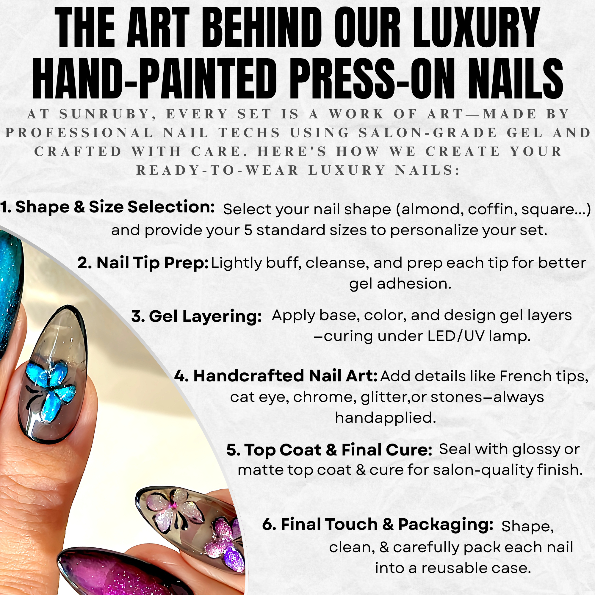 Almond Hand-Painted Press-On Nails – Blue & Purple Cat Eye with Butterfly Design | Luxury 20pcs Reusable Kit