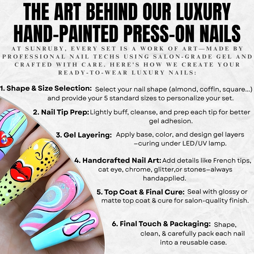 Long Coffin Hand-Painted Press-On Nails | Luxury Pastel Pop-Art Design | Reusable 20pcs Kit