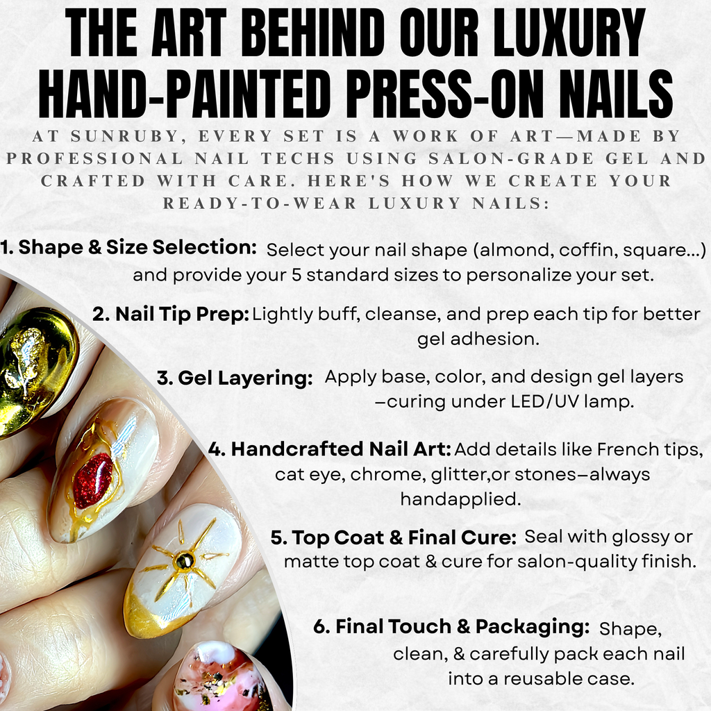 Short Almond Hand-Painted Press-On Nails | Ruby Red with Gold Chrome 3D Nail Art | Reusable 20pcs Kit