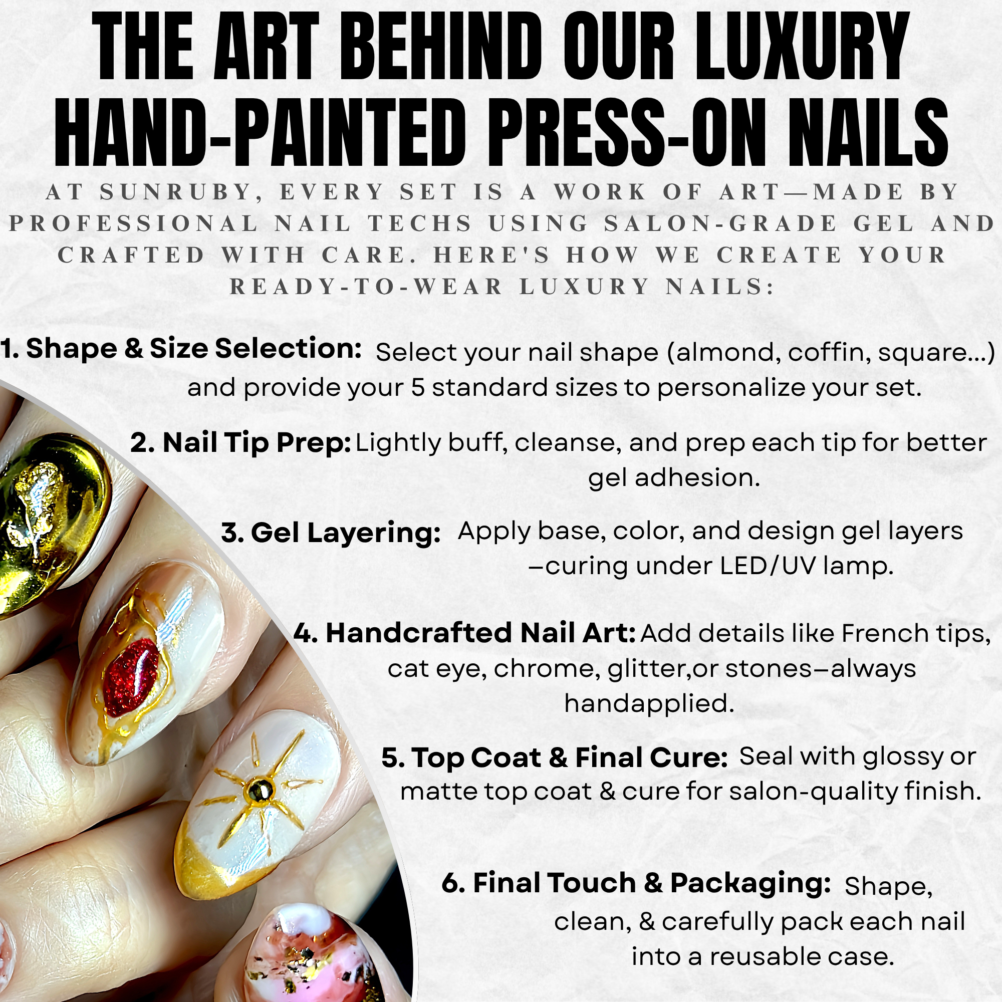 Short Almond Hand-Painted Press-On Nails | Ruby Red with Gold Chrome 3D Nail Art | Reusable 20pcs Kit