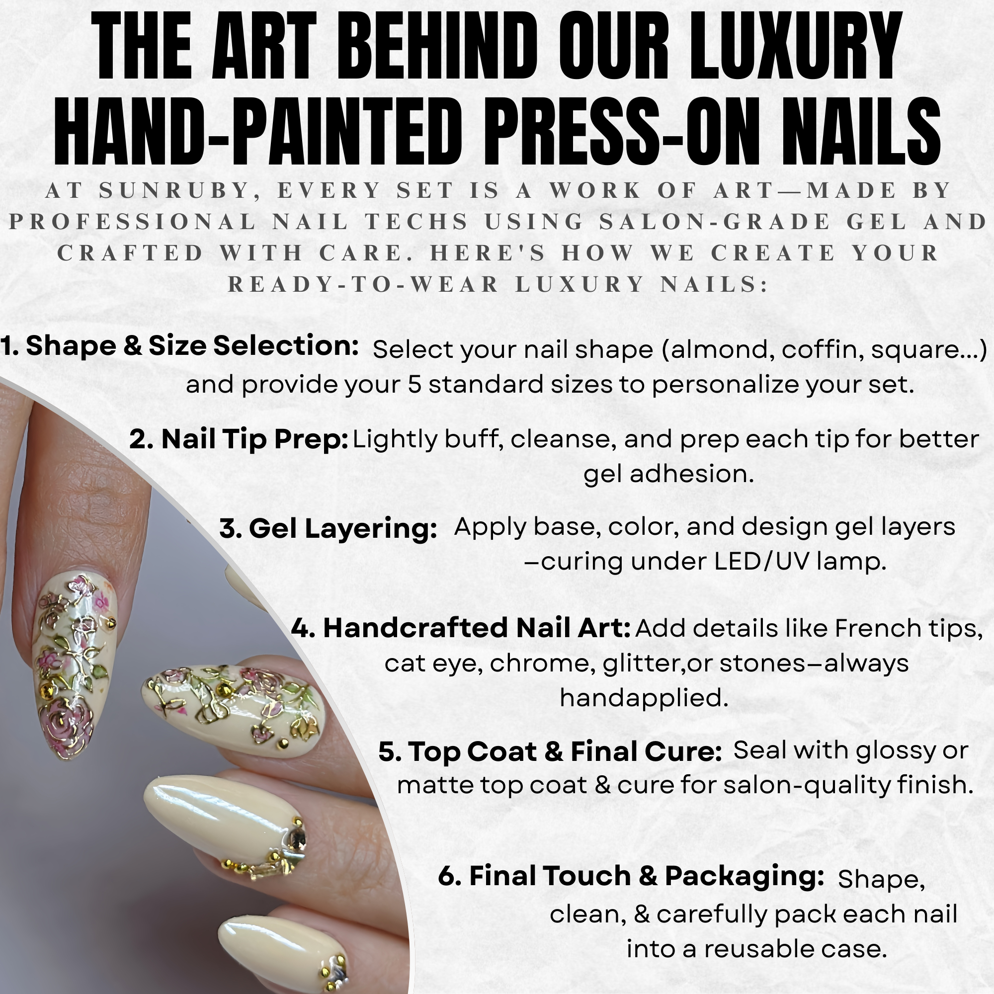 Champagne Gold Press On Nails | Medium Almond Floral 3D Nail Art, Elegant Handmade Reusable Nails | Reusable 20pcs Kit