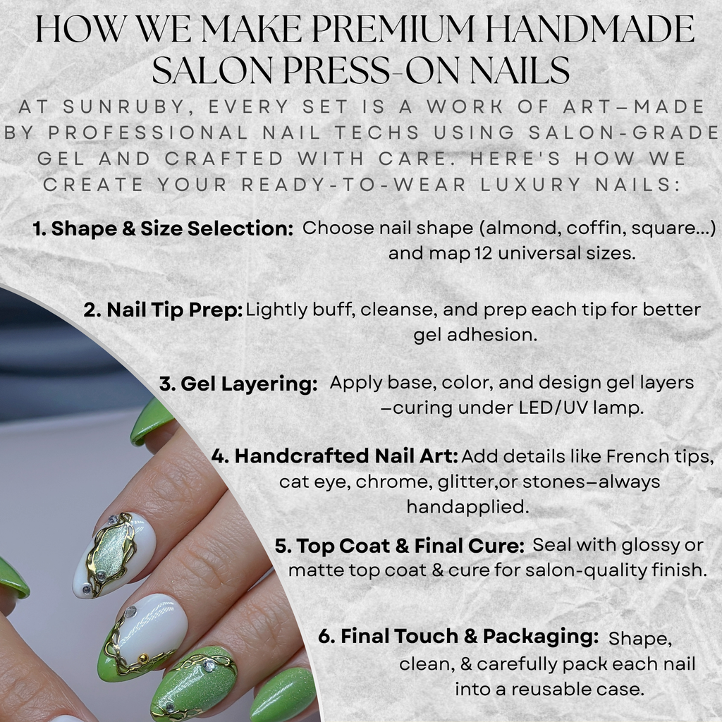 Jade Bloom Press-On Nails – Short Almond | Green Chrome, White French & Gold Foil Accent | Hand-Painted Gel Reusable Set, 30 Nails, 15 Sizes