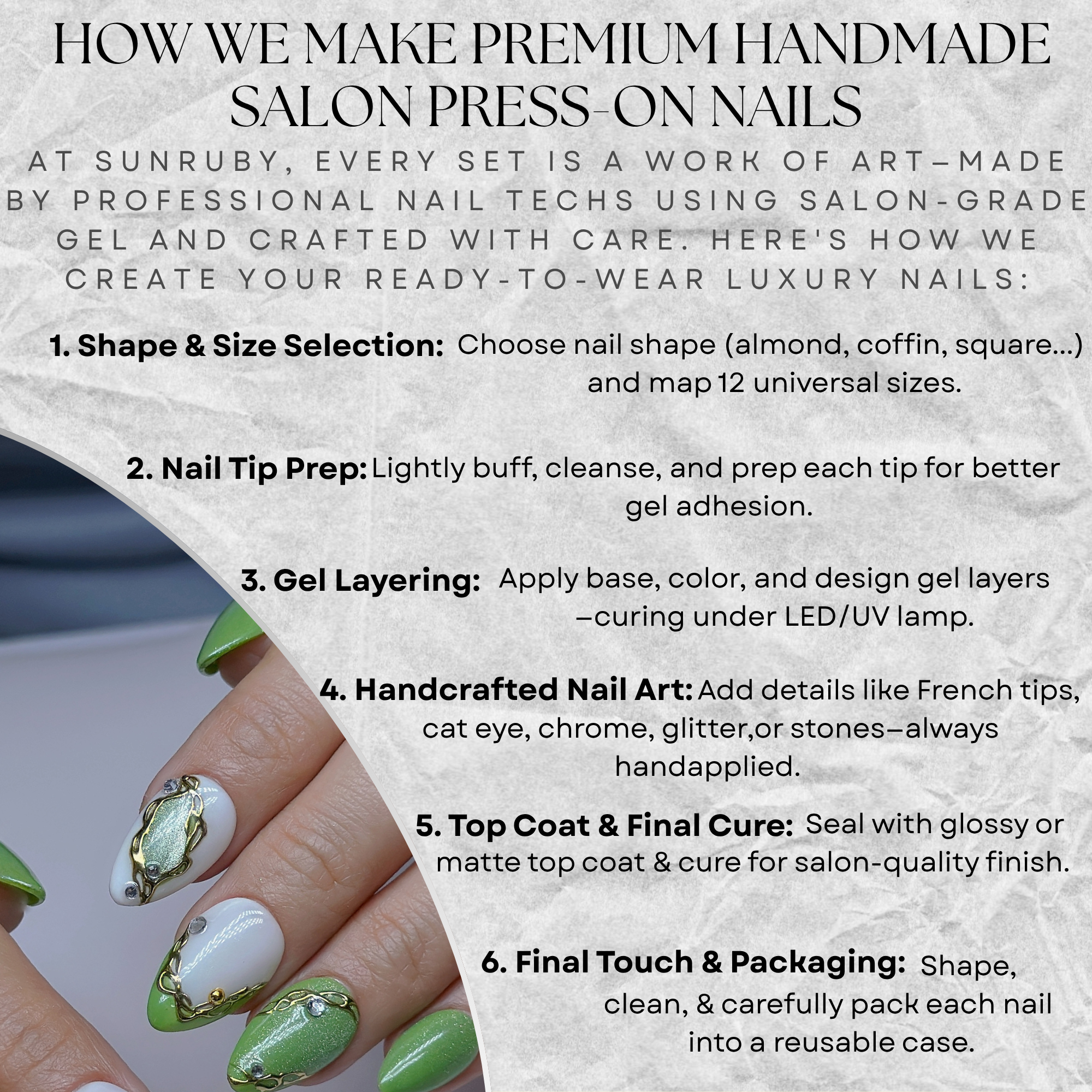 Jade Bloom Press-On Nails – Short Almond | Green Chrome, White French & Gold Foil Accent | Hand-Painted Gel Reusable Set, 30 Nails, 15 Sizes