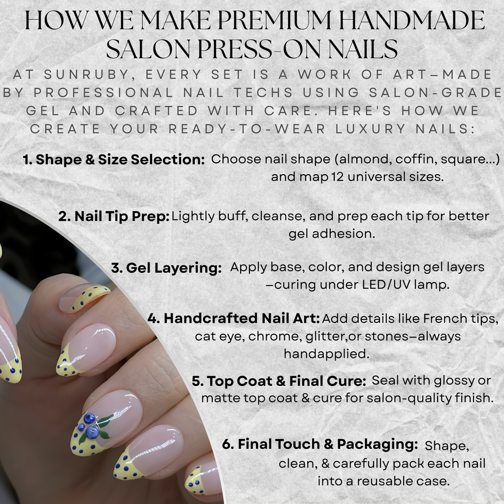 Hand-Painted Blueberry Nail Art | Short Almond French Tip Press-Ons | Summer Picnic Aesthetic| Hand-Painted Gel Reusable Set, 30 Nails, 15 Sizes