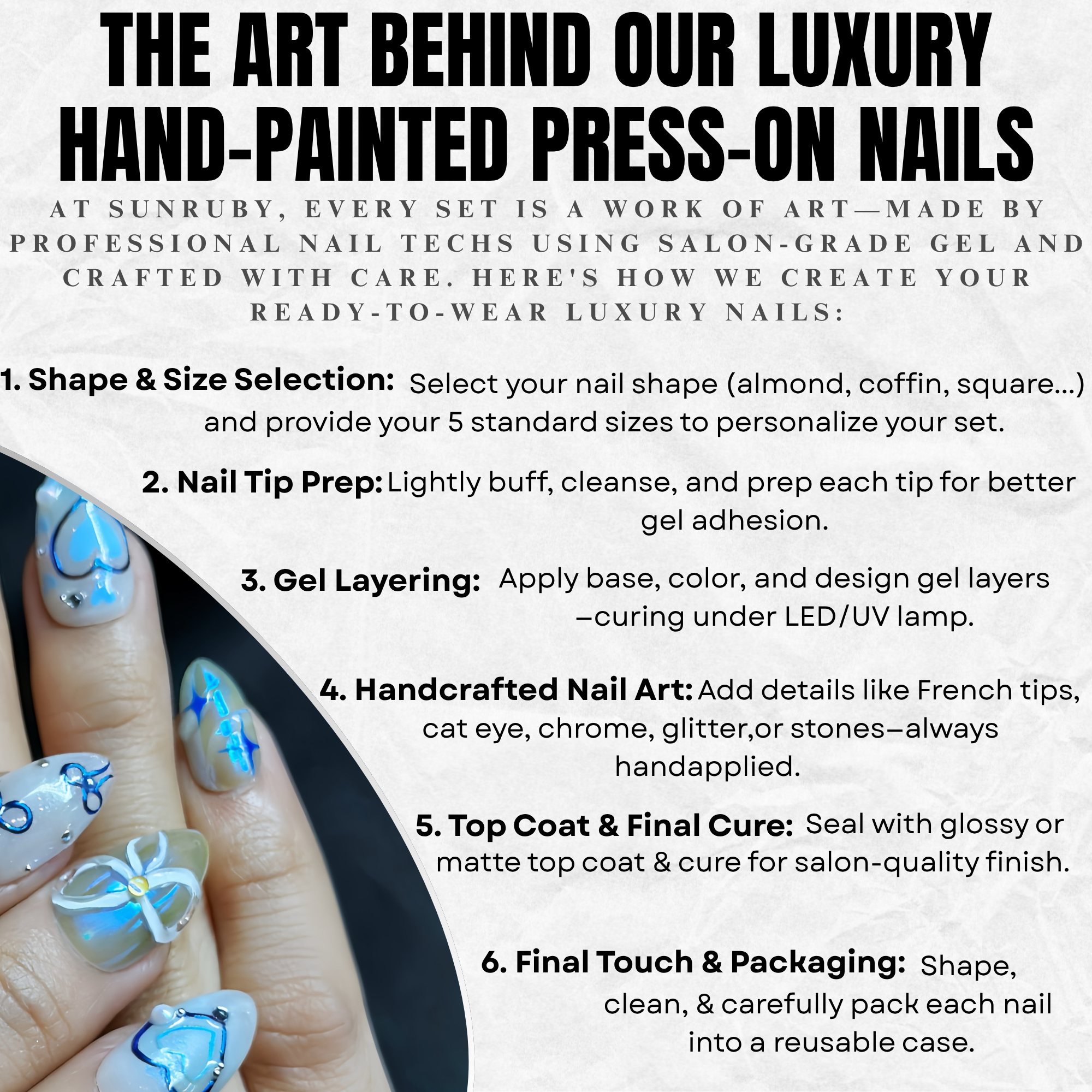 Short Almond Hand-Painted Press-On Nails | Luxury Blue Galaxy with 3D Stars and Hearts | Reusable 20pcs Kit