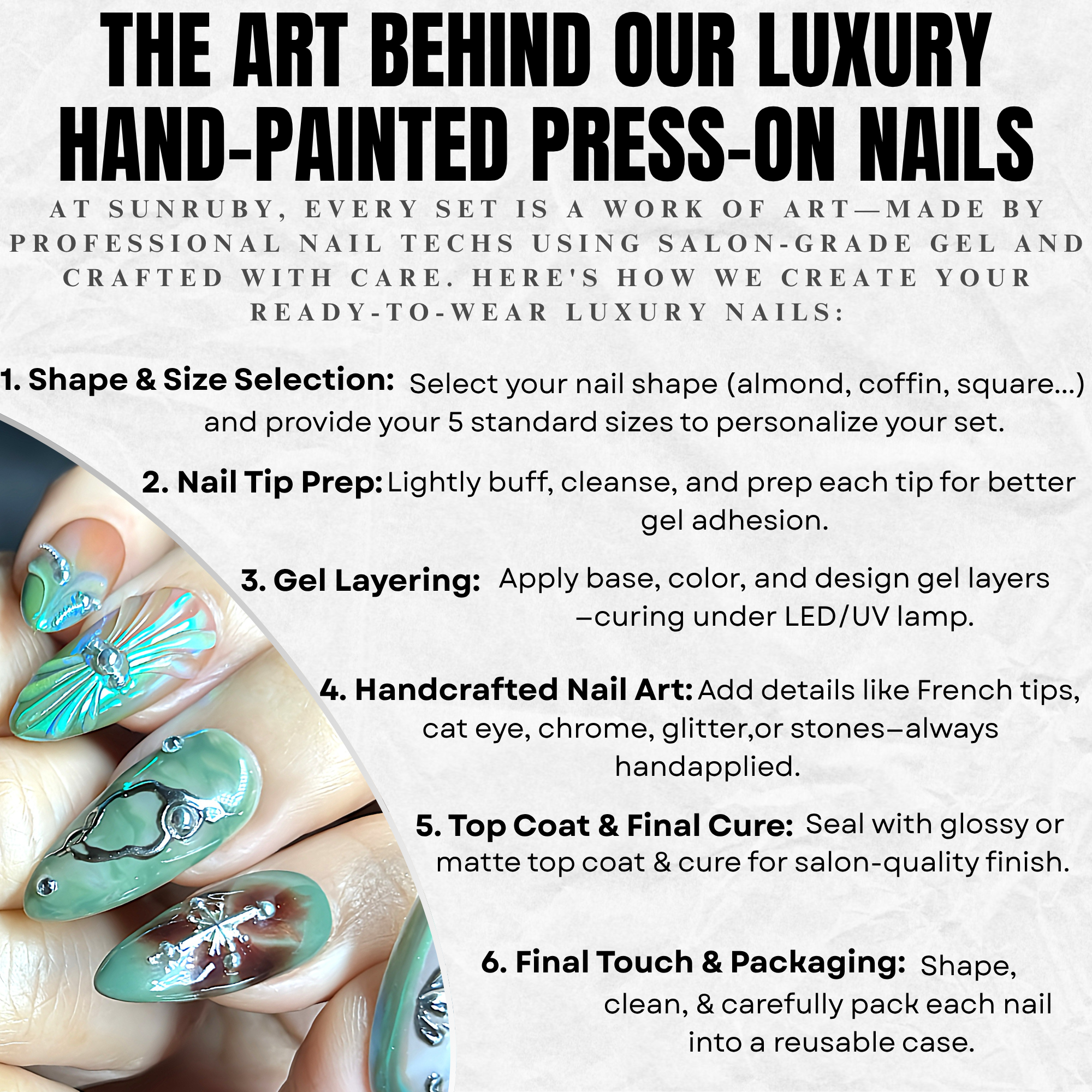 Medium Almond Hand-Painted Press-On Nails | Luxury Emerald Green Marble with 3D Rhinestones and Chrome | Reusable 20pcs Kit