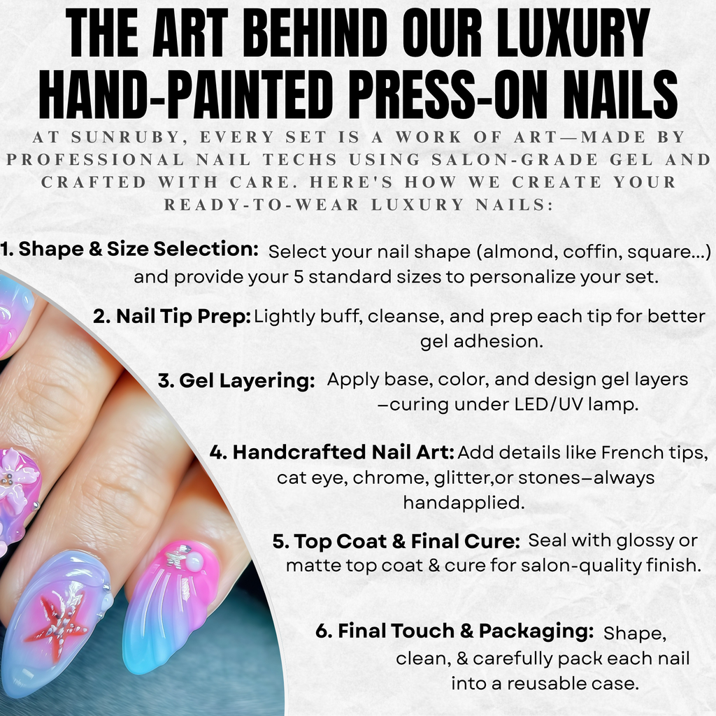 Short Almond Ocean Luxe Press-On Nails | Blue, Pink 3D Sea, Starfish, Floral Design | Hand-Painted, Reusable 20pcs Kit