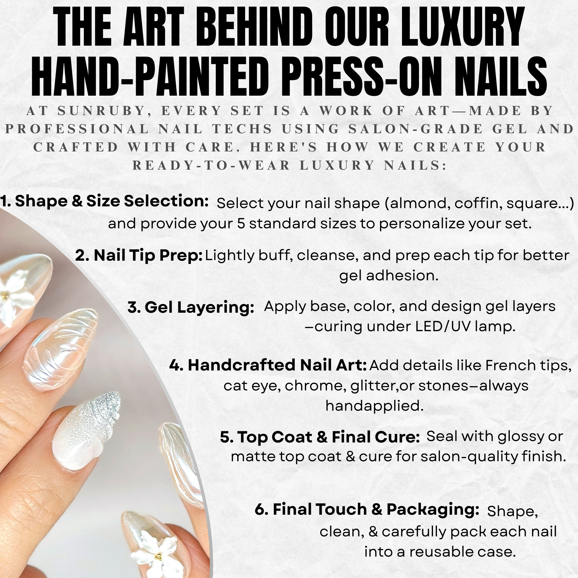 White Floral Press-On Nails | Short Almond Pearl Bridal Nails with 3D Flower – Hand-Painted Gel Reusable Set (30 Nails, 15 Sizes)
