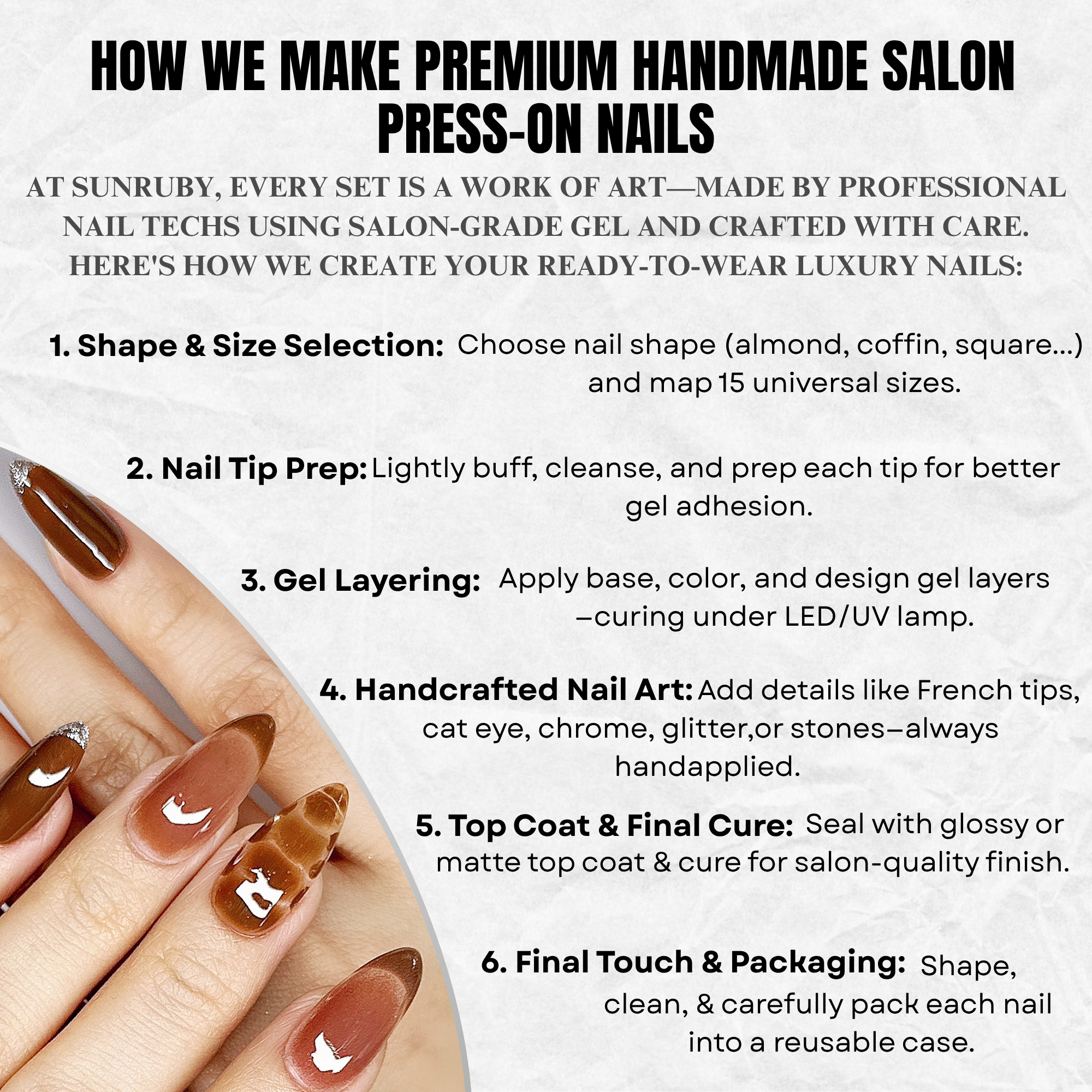 Press-On Gel Nails Brown Medium Almond – Hand-Painted Silver Glitter Tips, 30-Piece Reusable Set