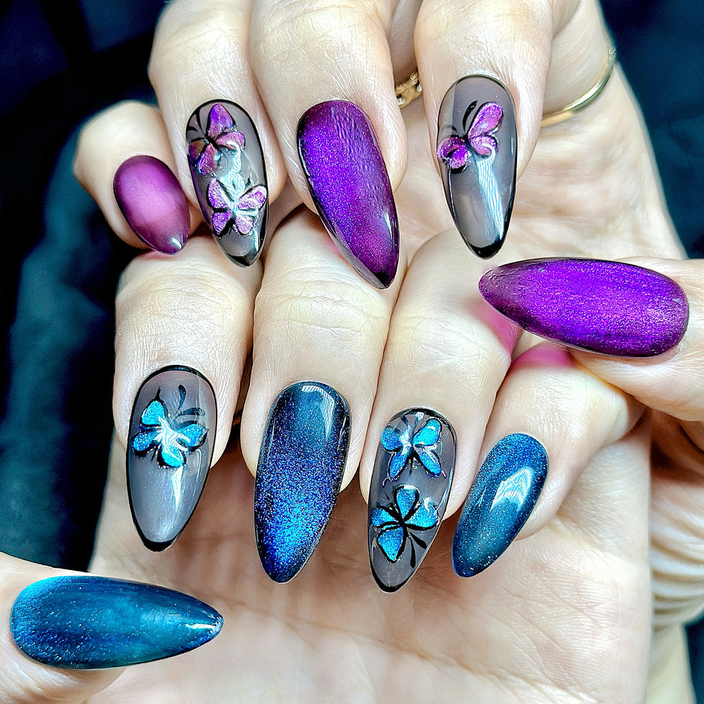 Almond Hand-Painted Press-On Nails – Blue & Purple Cat Eye with Butterfly Design | Luxury 20pcs Reusable Kit