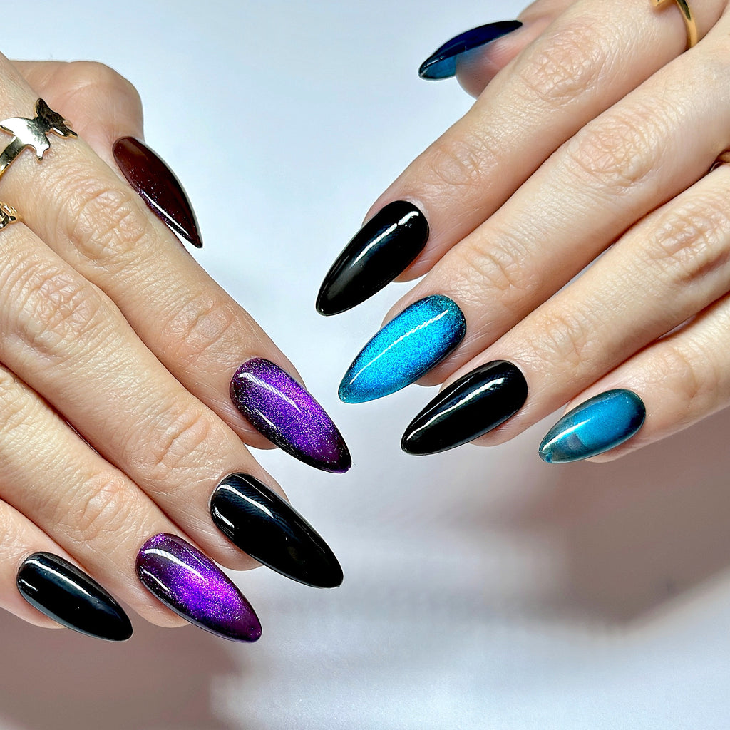 Almond Hand-Painted Press-On Nails – Blue & Purple Cat Eye with Butterfly Design | Luxury 20pcs Reusable Kit
