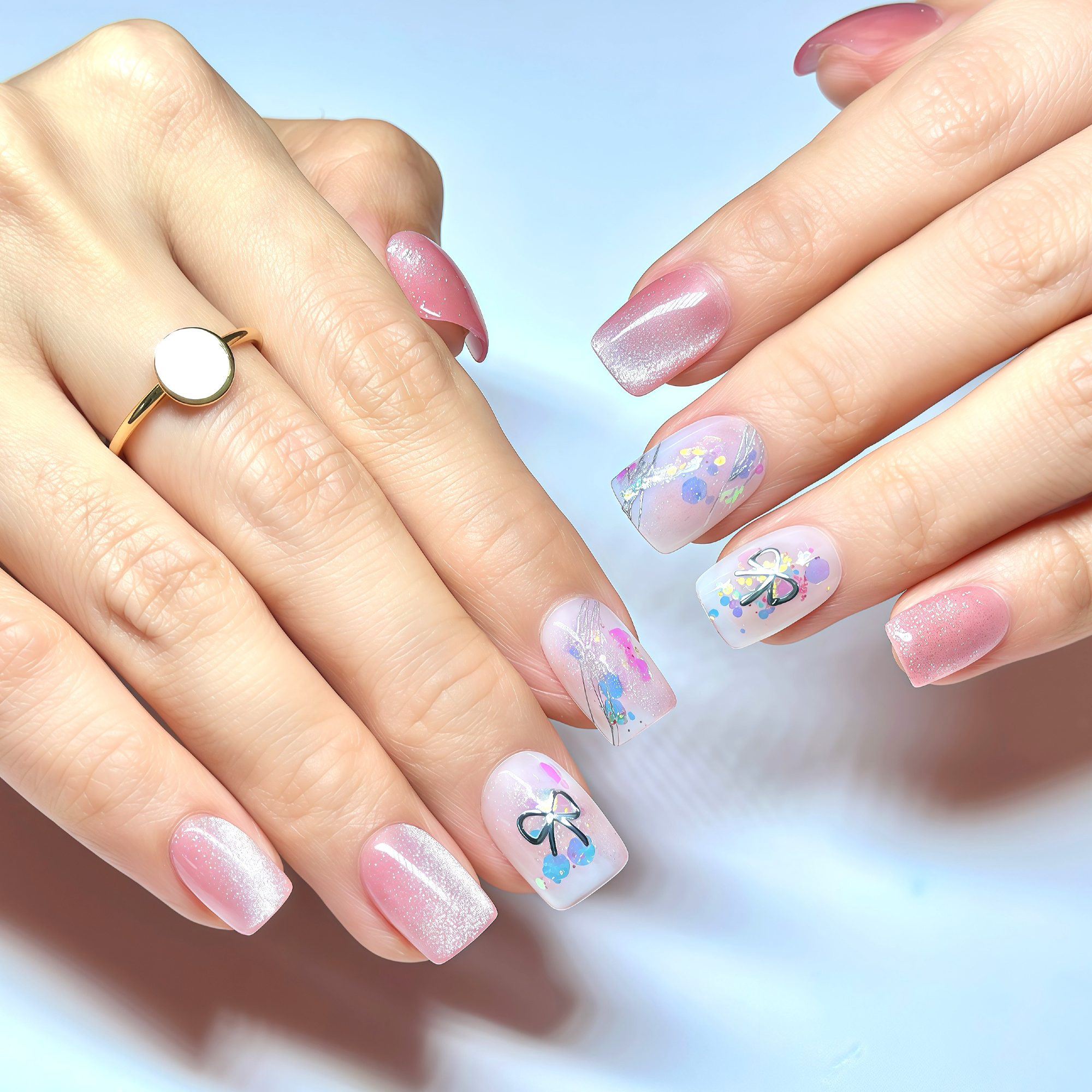 Short Square Hand-Painted Press-On Nails | Pink Cat Eye Glitter with Bow Accent | Reusable 30pcs Kit, 15 Sizes