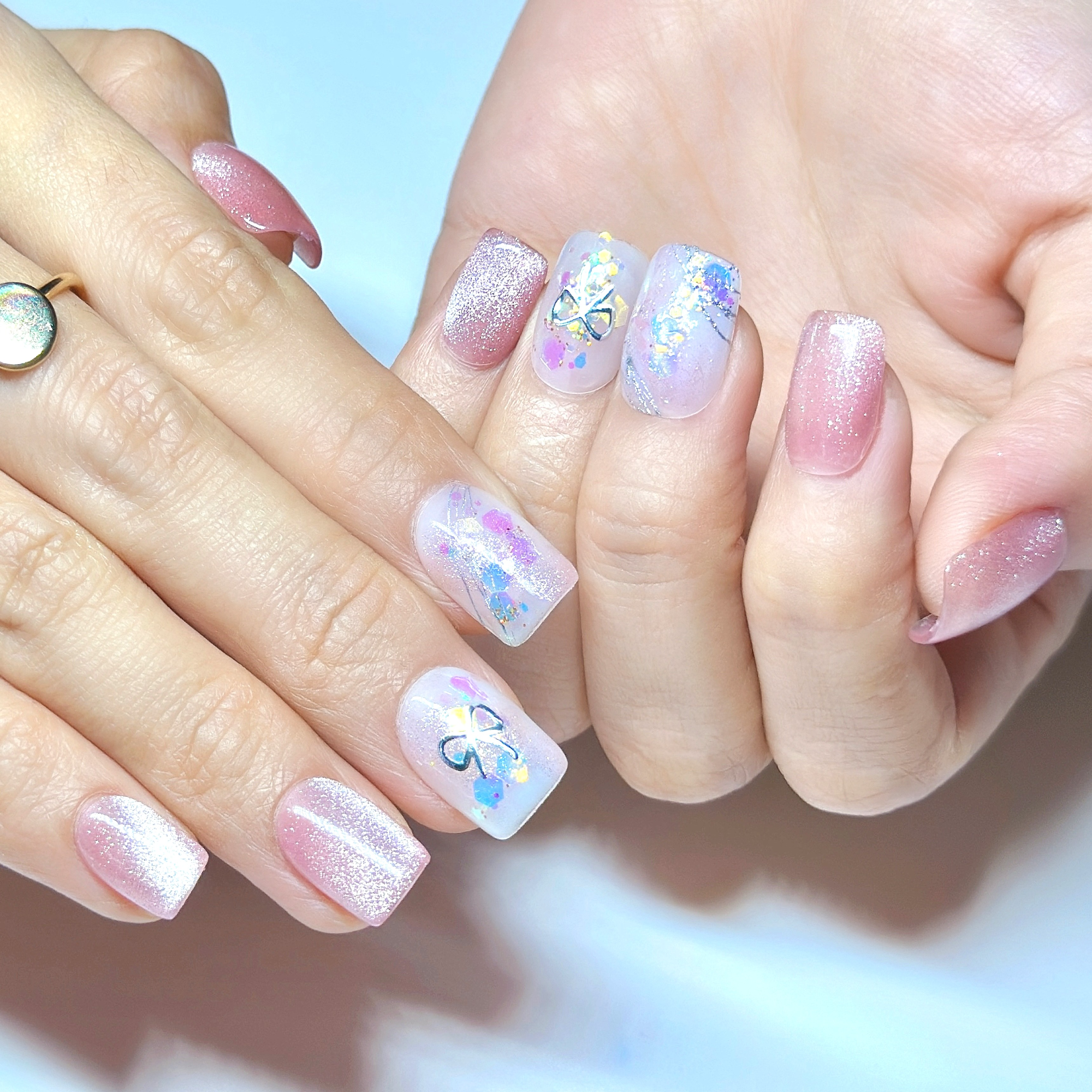 Short Square Hand-Painted Press-On Nails | Pink Cat Eye Glitter with Bow Accent | Reusable 30pcs Kit, 15 Sizes