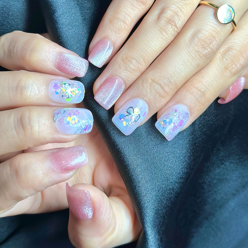 Short Square Hand-Painted Press-On Nails | Pink Cat Eye Glitter with Bow Accent | Reusable 30pcs Kit, 15 Sizes