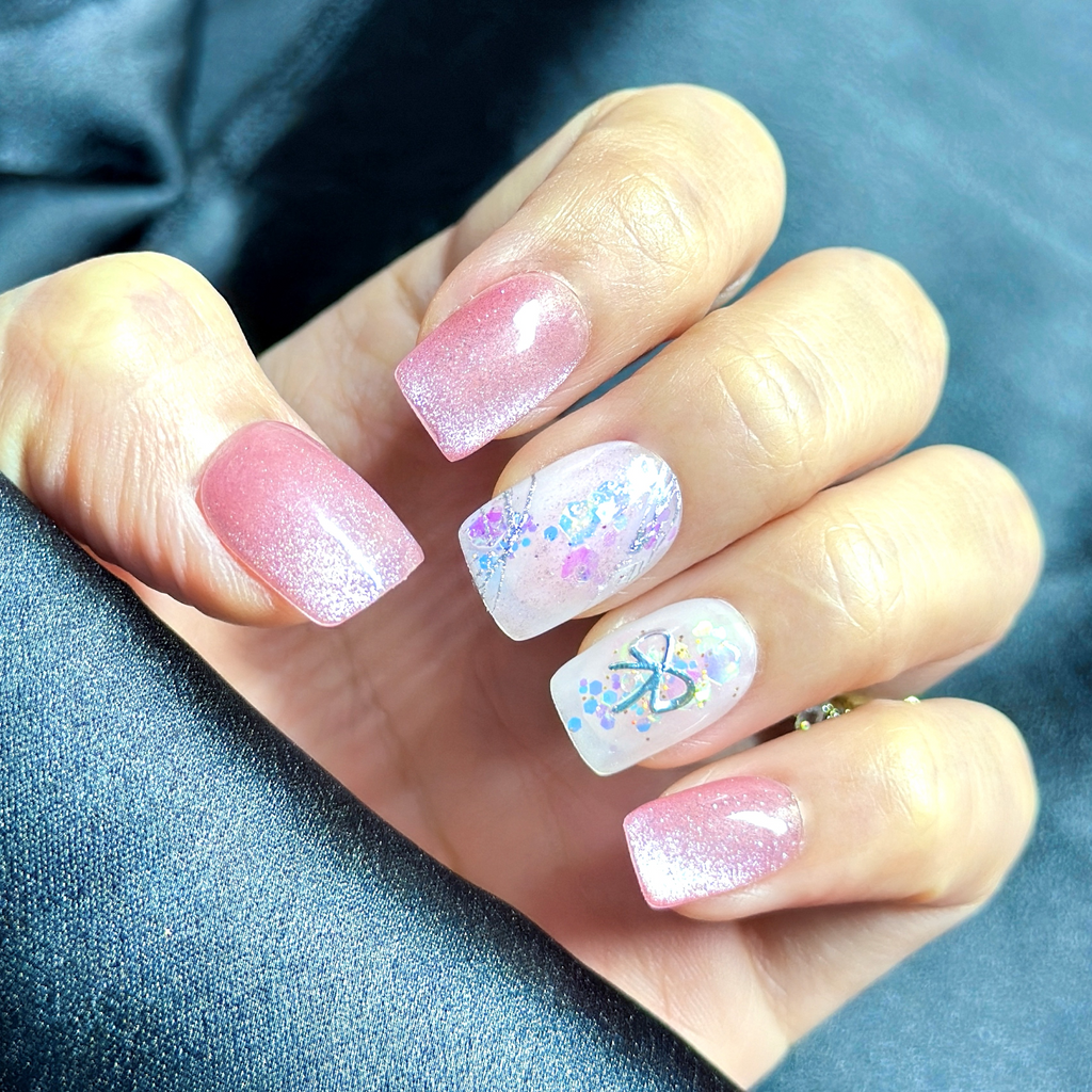 Short Square Hand-Painted Press-On Nails | Pink Cat Eye Glitter with Bow Accent | Reusable 30pcs Kit, 15 Sizes