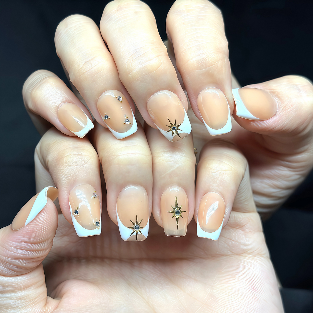 Short Square French Tip Press-On Nails | Rhinestone Shooting Star Accents | Hand-Painted | Reusable 30pcs Kit, 15 Sizes