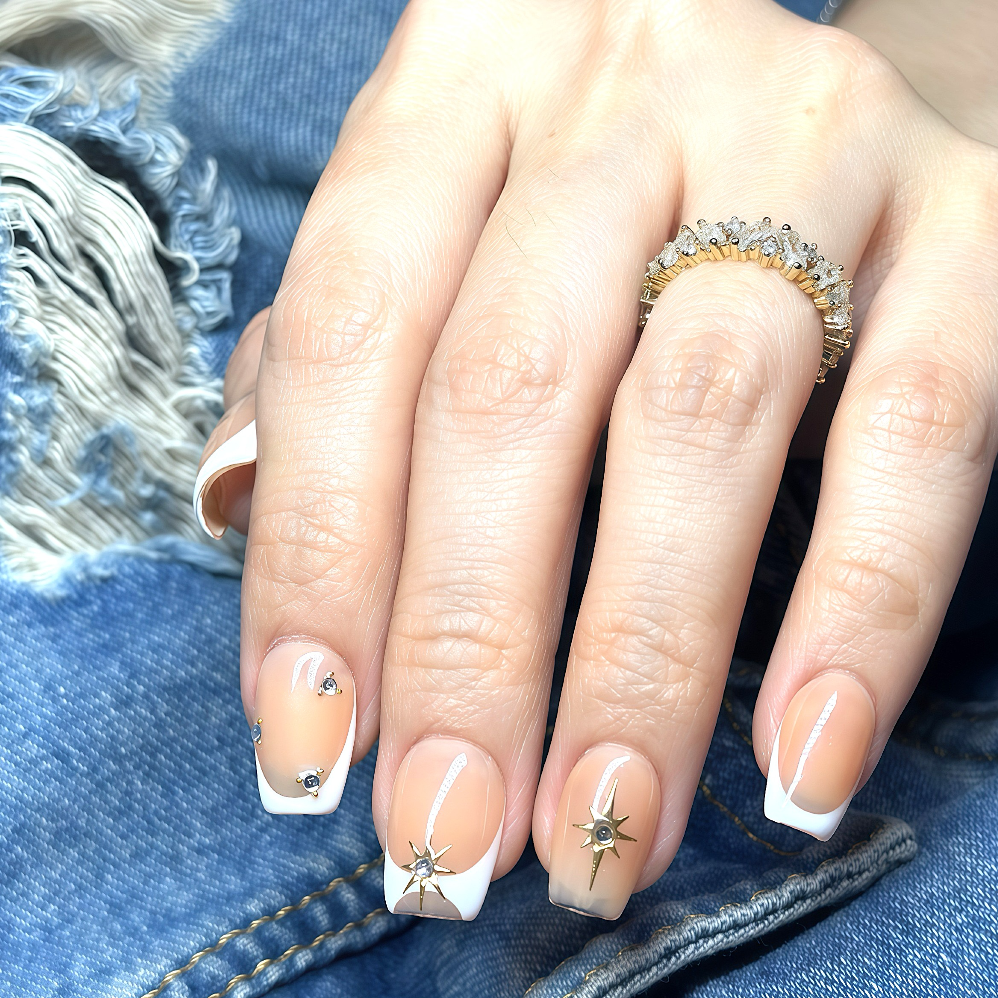 Short Square French Tip Press-On Nails | Rhinestone Shooting Star Accents | Hand-Painted | Reusable 30pcs Kit, 15 Sizes