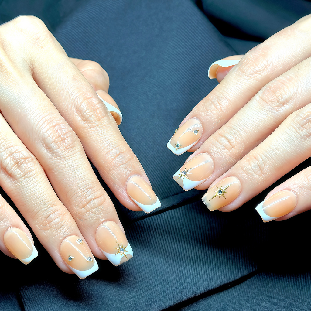 Short Square French Tip Press-On Nails | Rhinestone Shooting Star Accents | Hand-Painted | Reusable 30pcs Kit, 15 Sizes