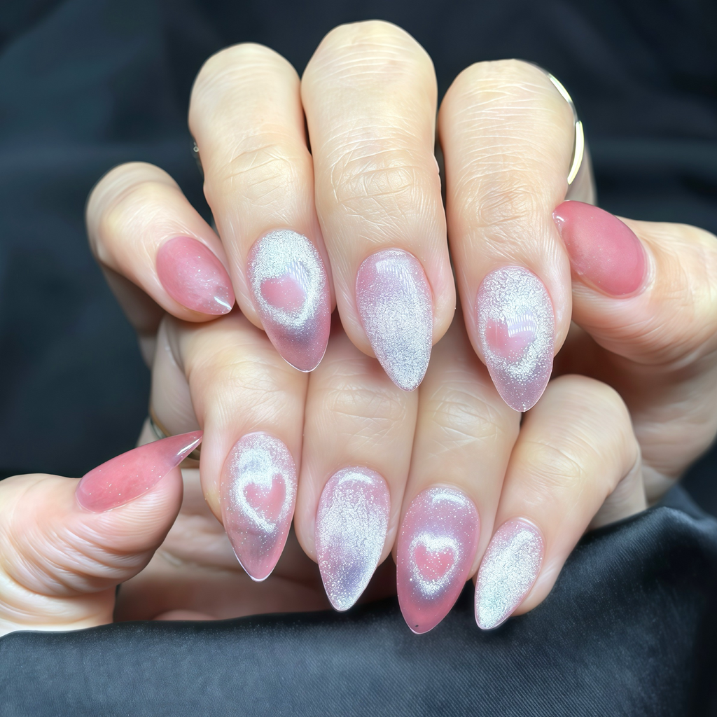 Pink Cat Eye Valentine Press On Nails, Short Almond – Heart Design, Hand-Painted Gel Reusable Set (30 Nails, 15 Sizes)