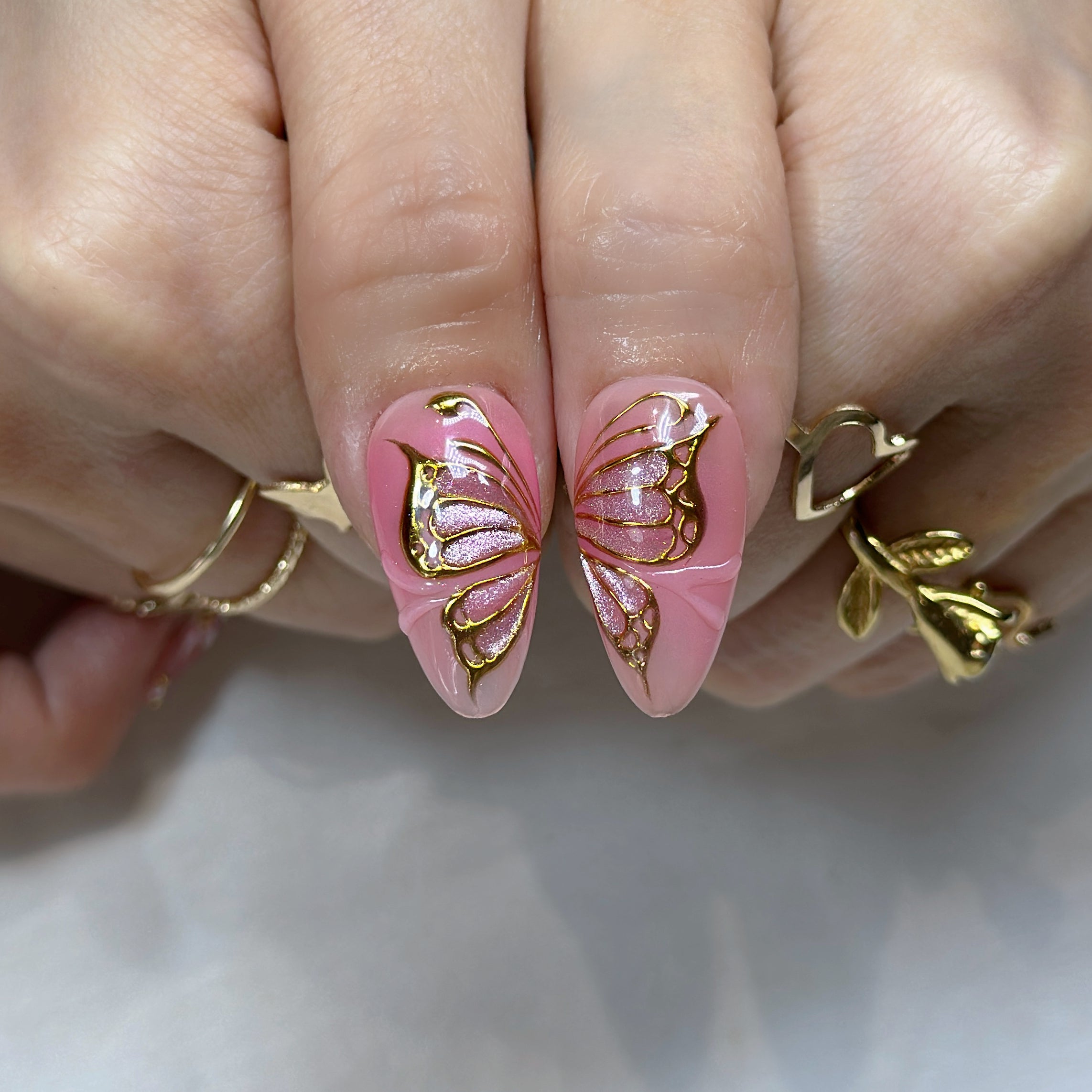 Opal Blush Wings – Medium Almond Press-On Nails 💖✨ | 3D Floral, Opal Chrome & Gold Detail |  Reusable 20pcs Kit
