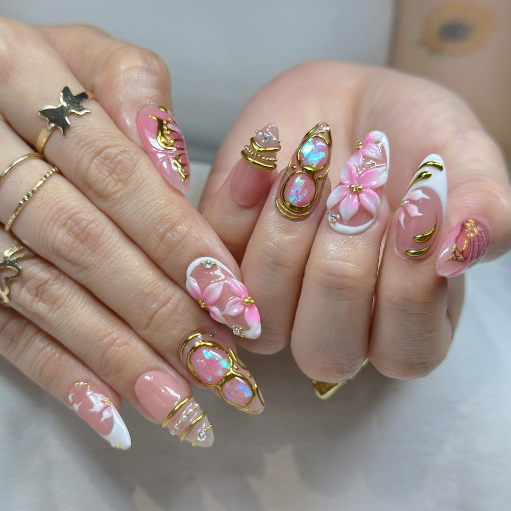 Opal Blush Wings – Medium Almond Press-On Nails 💖✨ | 3D Floral, Opal Chrome & Gold Detail |  Reusable 20pcs Kit