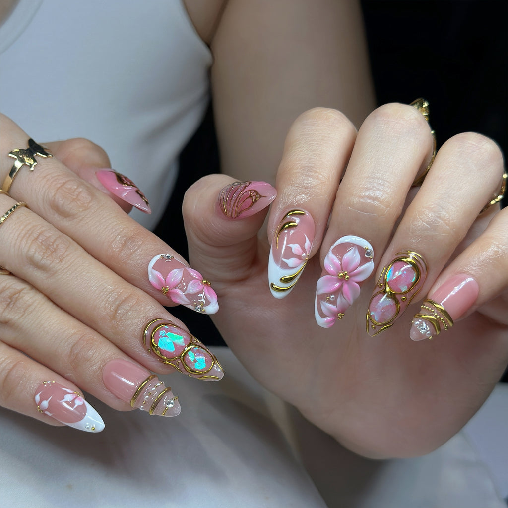 Opal Blush Wings – Medium Almond Press-On Nails 💖✨ | 3D Floral, Opal Chrome & Gold Detail |  Reusable 20pcs Kit