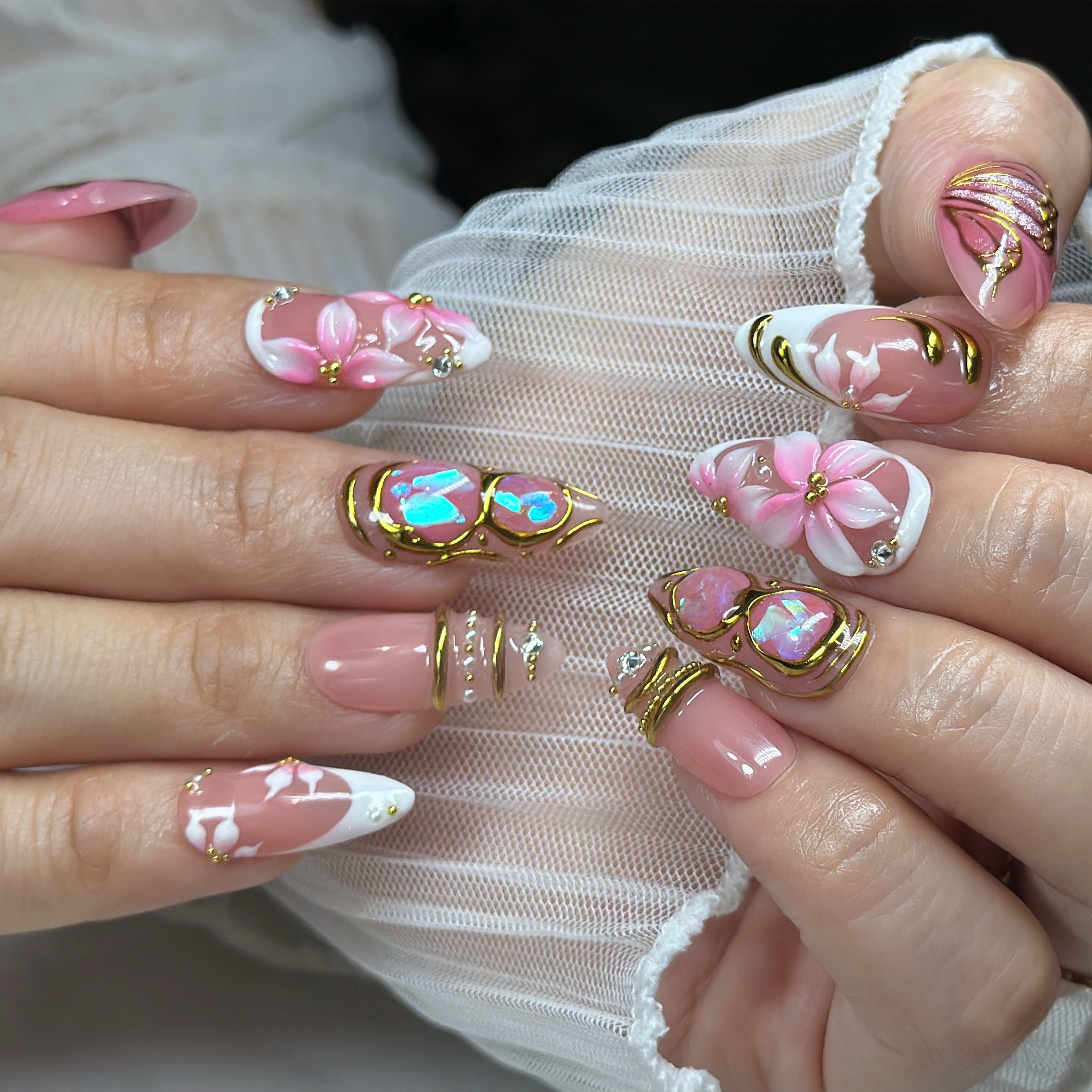 Opal Blush Wings – Medium Almond Press-On Nails 💖✨ | 3D Floral, Opal Chrome & Gold Detail |  Reusable 20pcs Kit