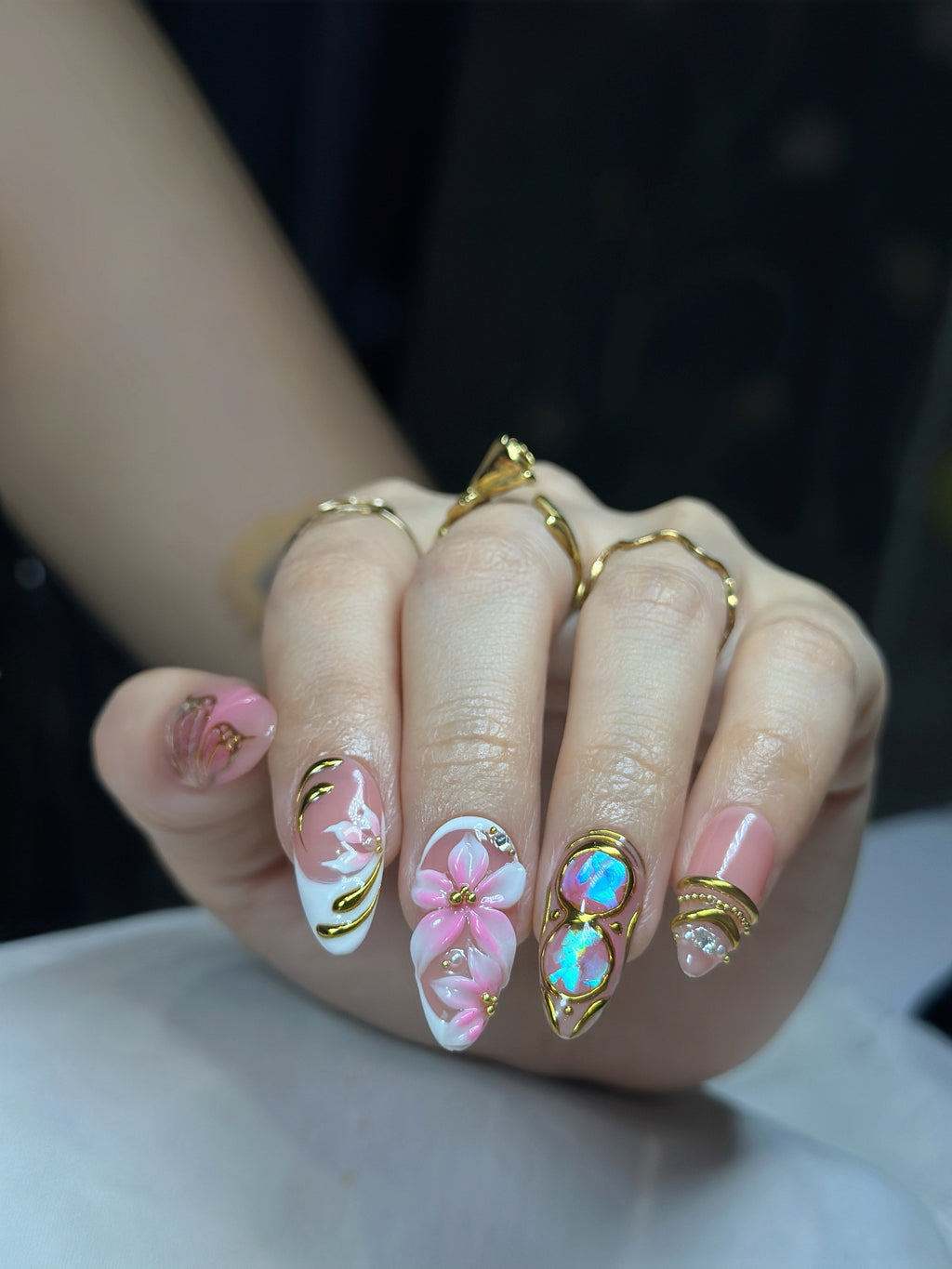 Opal Blush Wings – Medium Almond Press-On Nails 💖✨ | 3D Floral, Opal Chrome & Gold Detail |  Reusable 20pcs Kit