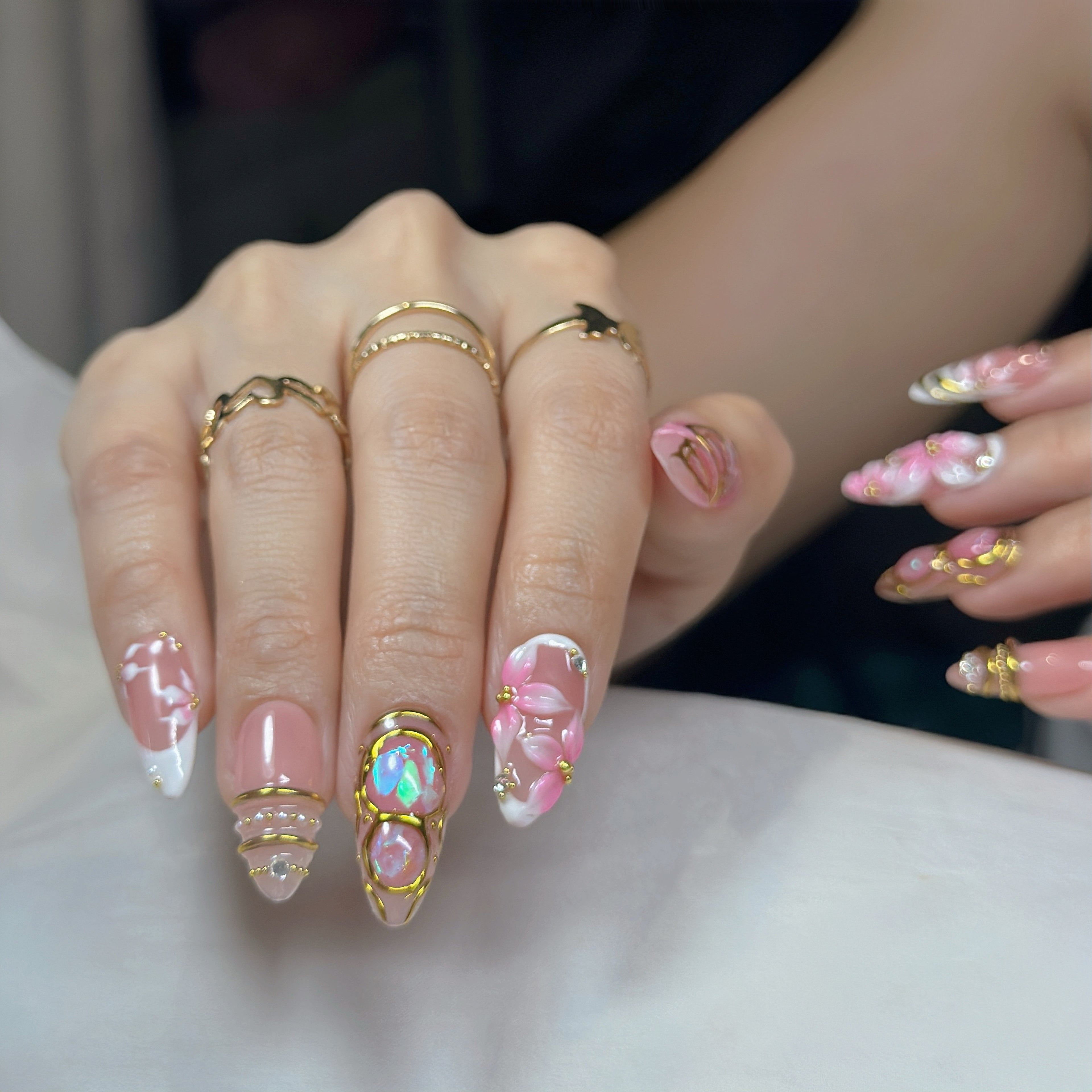Opal Blush Wings – Medium Almond Press-On Nails 💖✨ | 3D Floral, Opal Chrome & Gold Detail |  Reusable 20pcs Kit