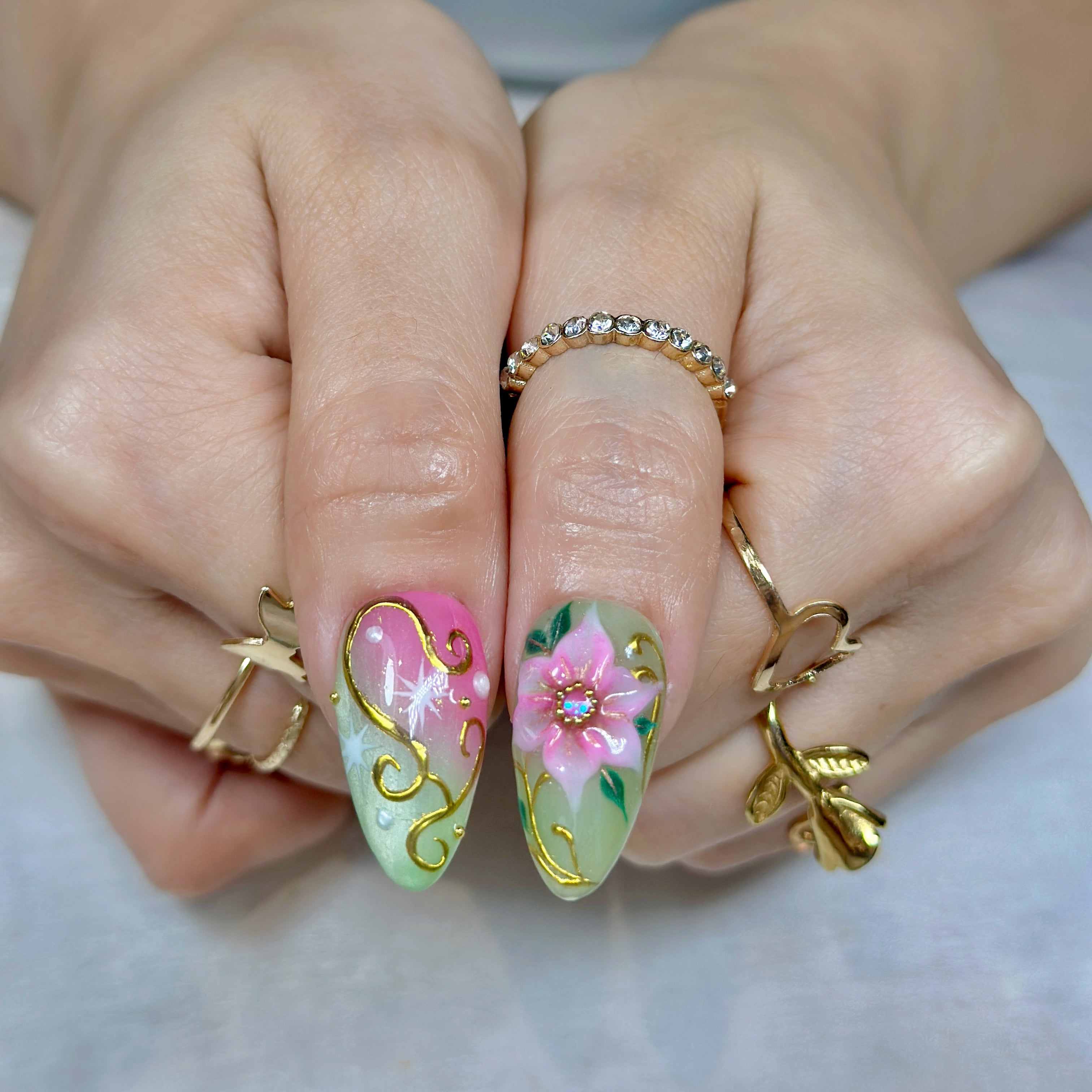 Enchanted Bloom Press-On Nails – Medium Almond Green & Pink Set, 3D Floral & Gold Line Art Design, Elegant Garden-Inspired Glossy Nails |  Reusable 20pcs Kit
