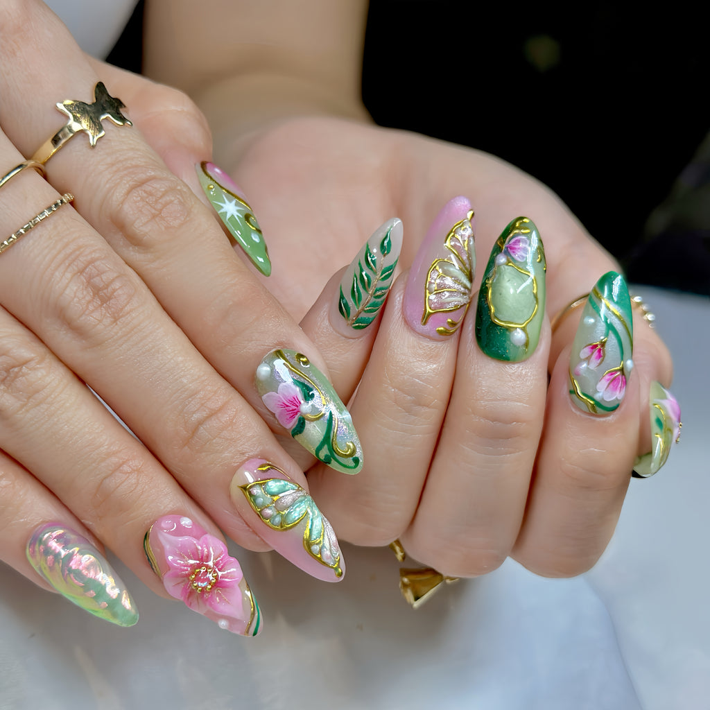 Enchanted Bloom Press-On Nails – Medium Almond Green & Pink Set, 3D Floral & Gold Line Art Design, Elegant Garden-Inspired Glossy Nails |  Reusable 20pcs Kit
