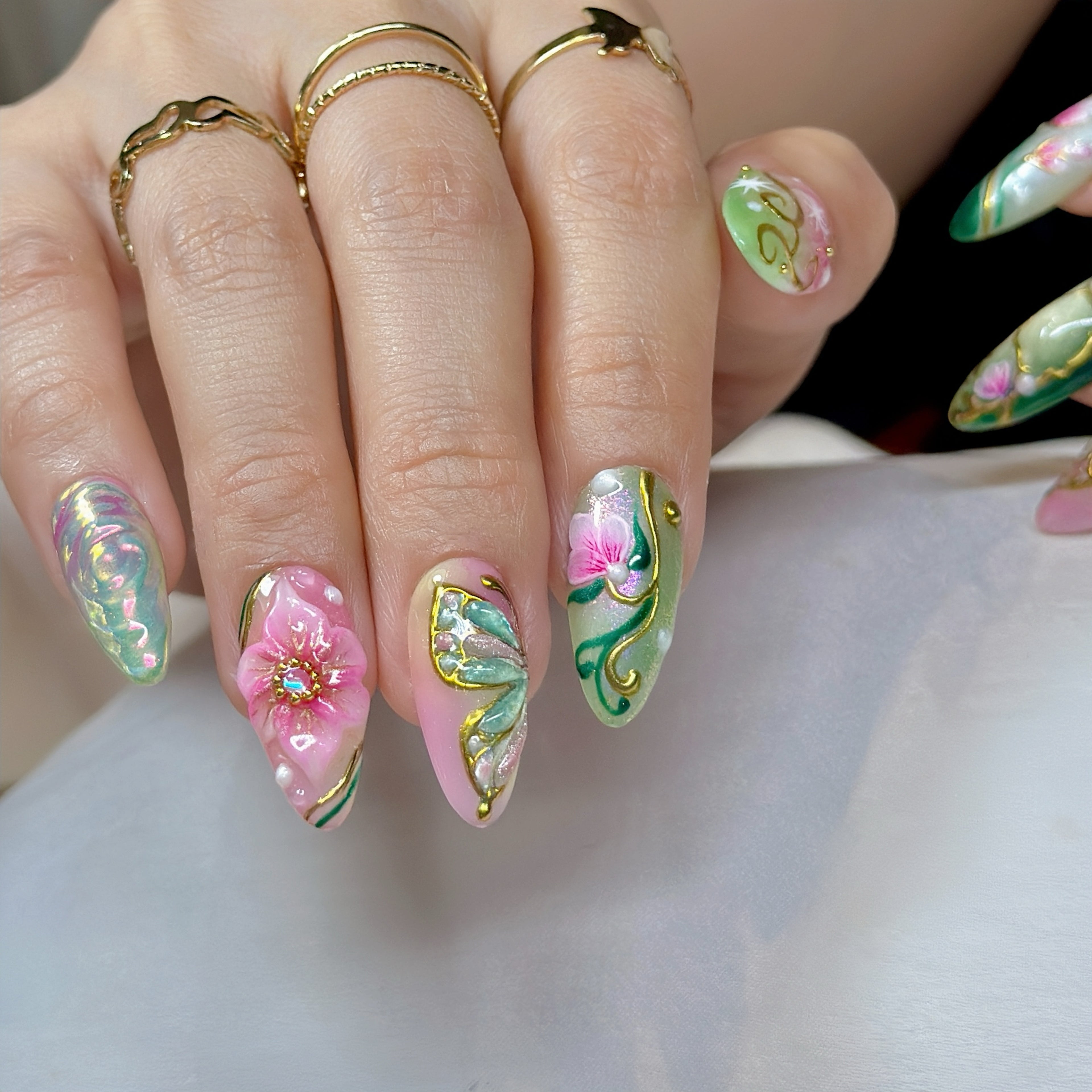 Enchanted Bloom Press-On Nails – Medium Almond Green & Pink Set, 3D Floral & Gold Line Art Design, Elegant Garden-Inspired Glossy Nails |  Reusable 20pcs Kit